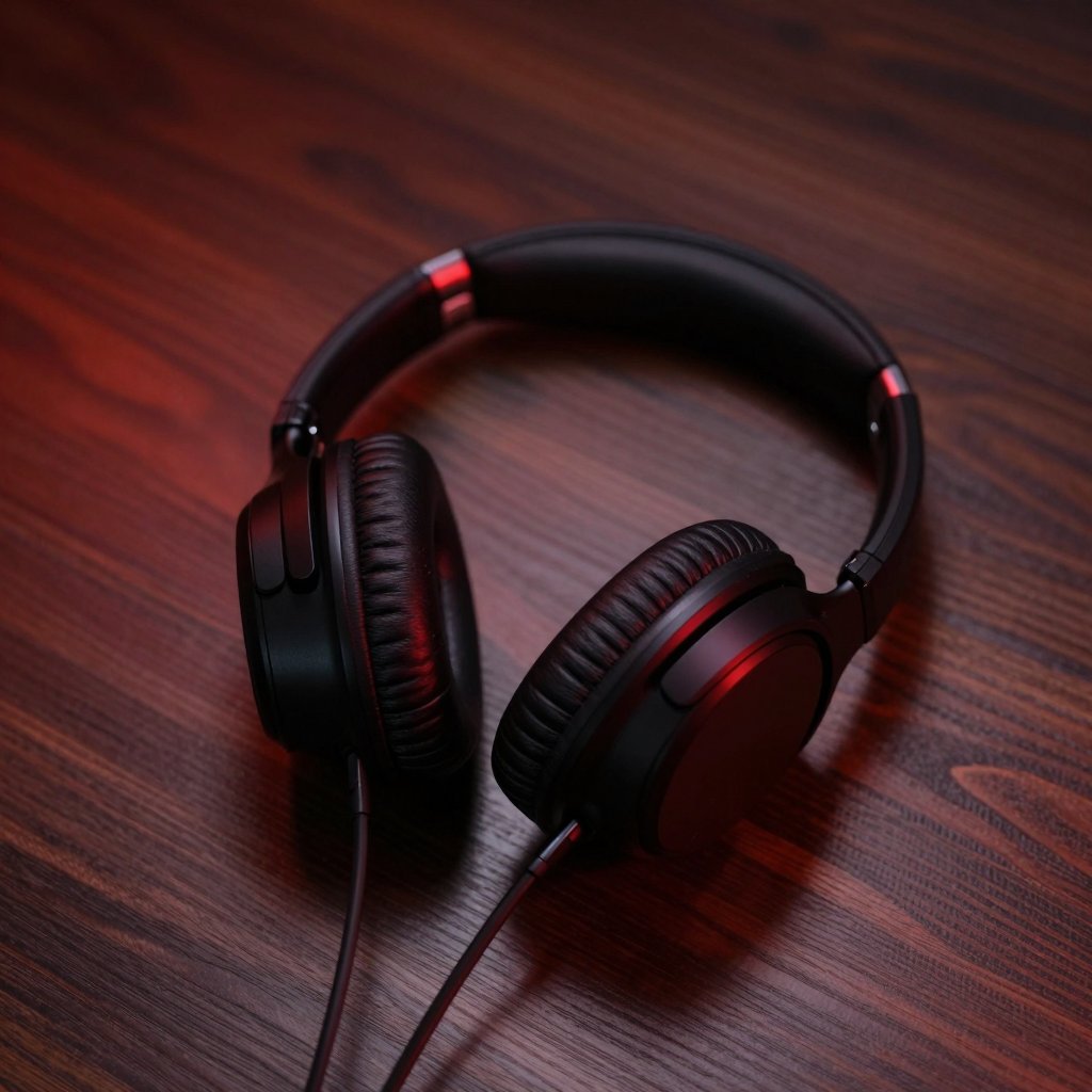 Black headphones on a dark wooden table in red light