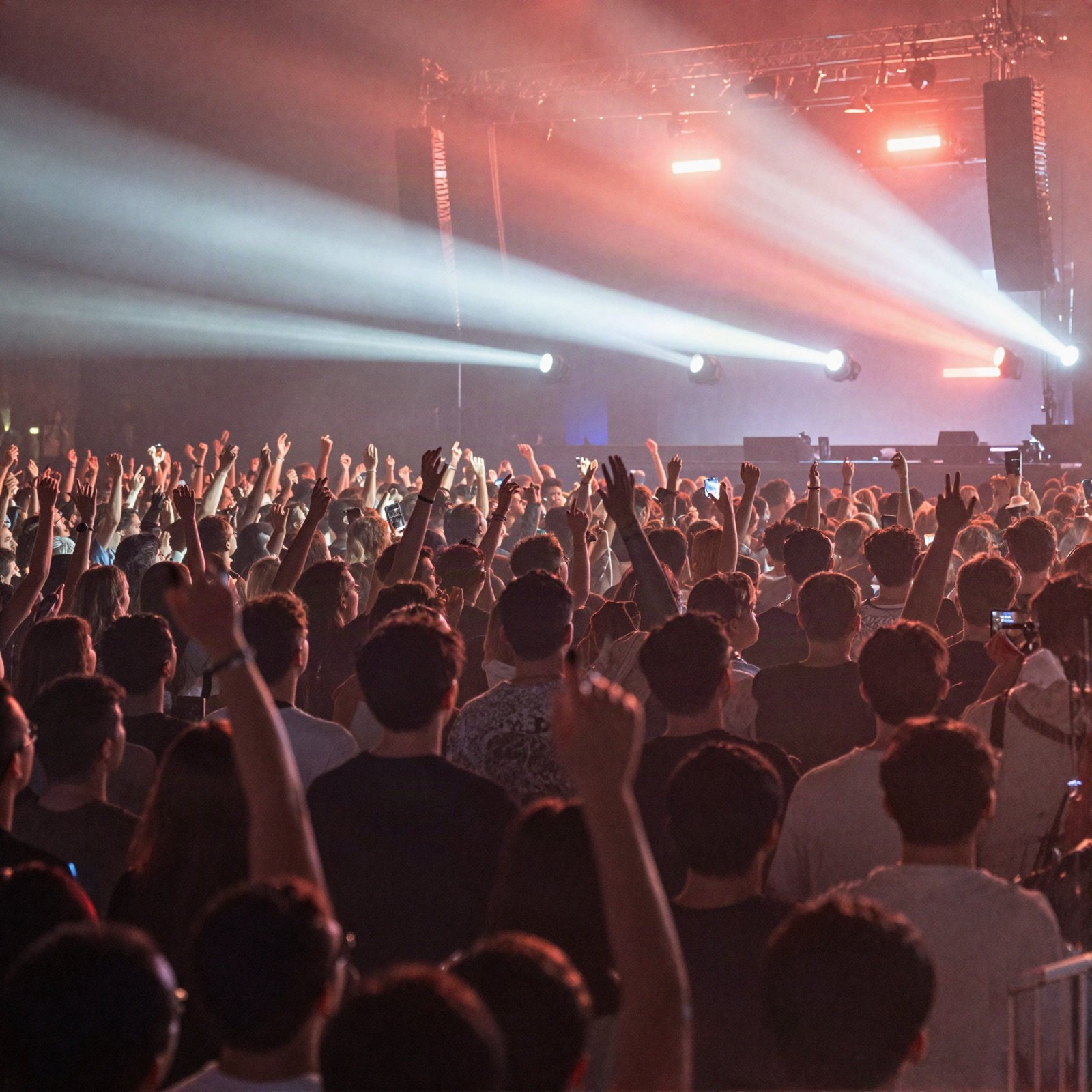 Concert crowd with raised hands under red and white stage beams