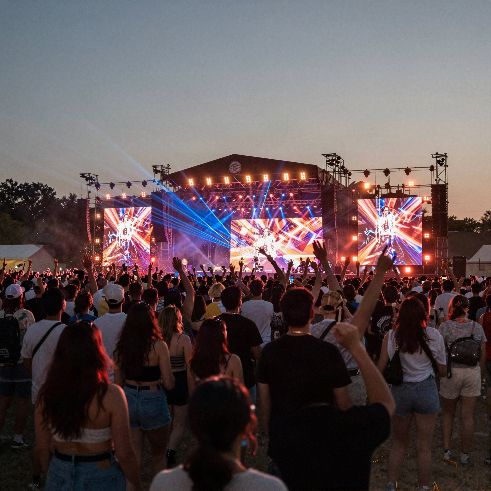 Open-air festival crowd dancing in front of a lit stage at dusk