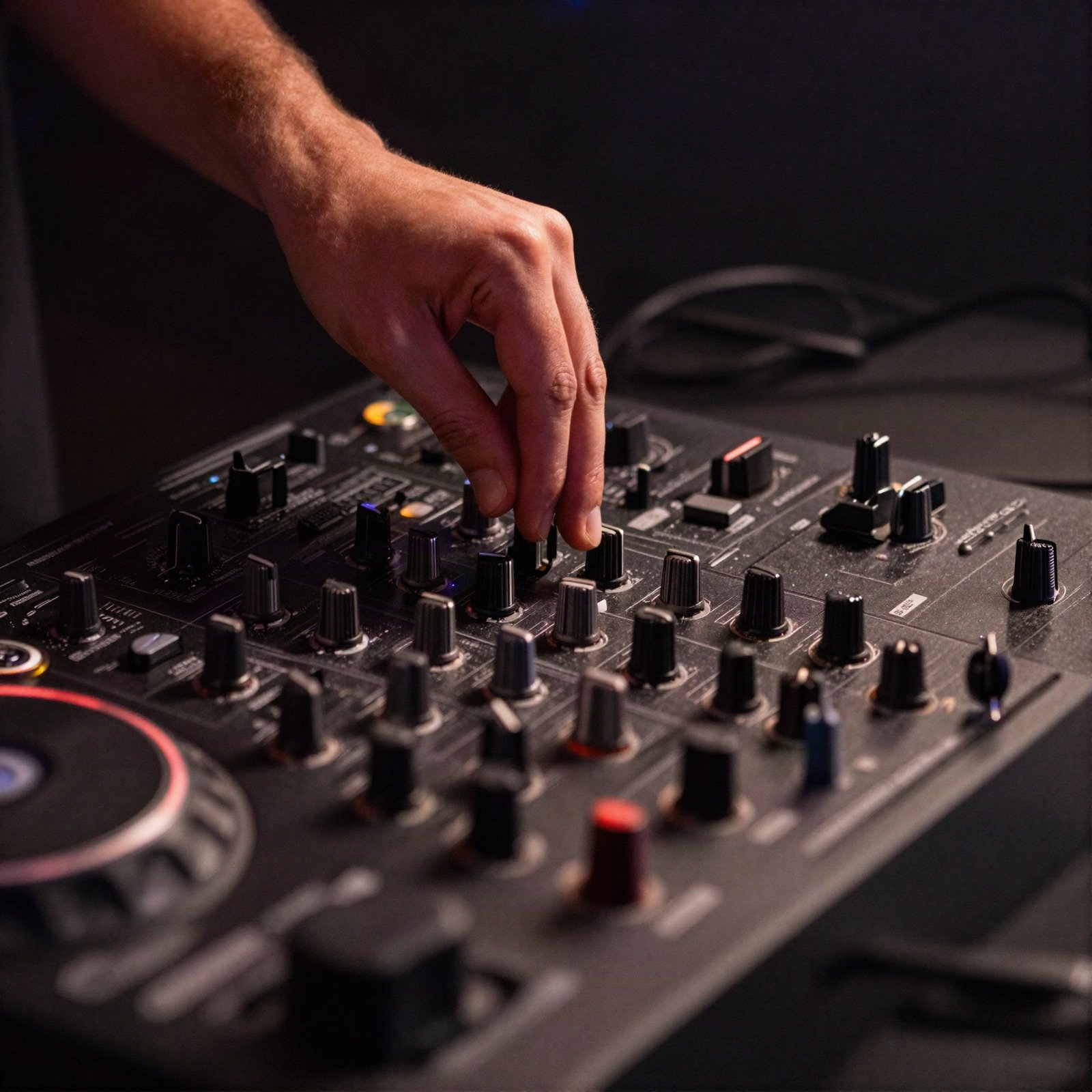 DJ hand turning a knob on a mixer