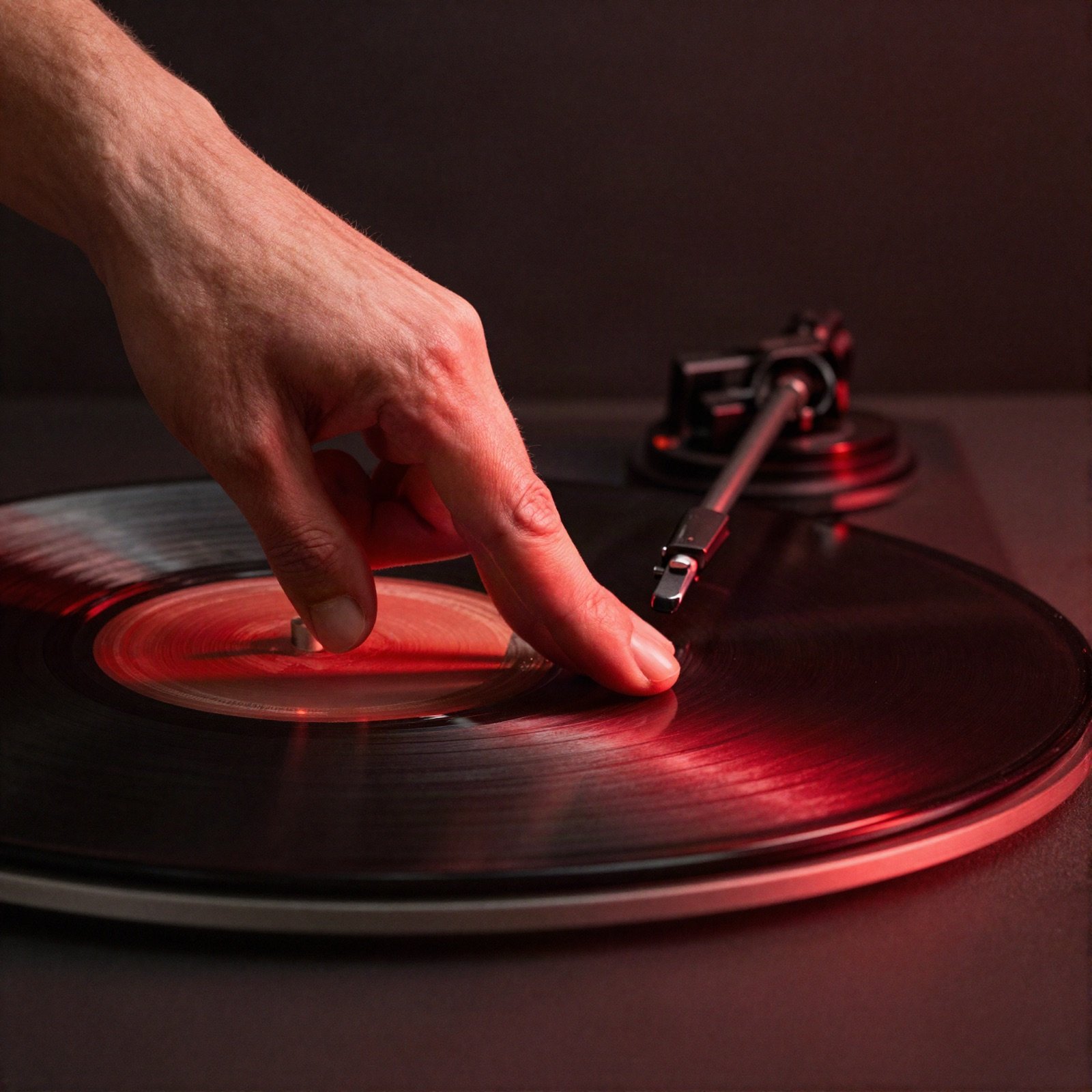 Hand on a spinning vinyl record in red light