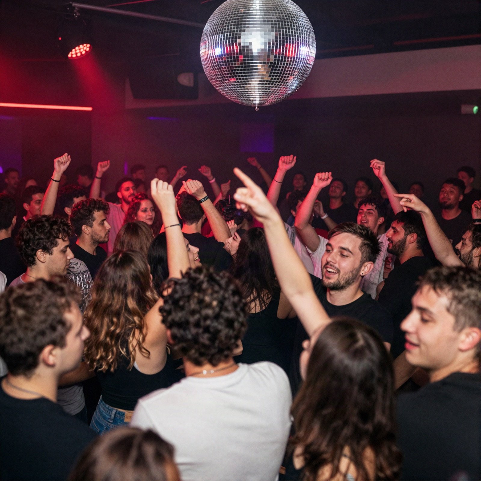 Packed club dance floor under a mirror ball