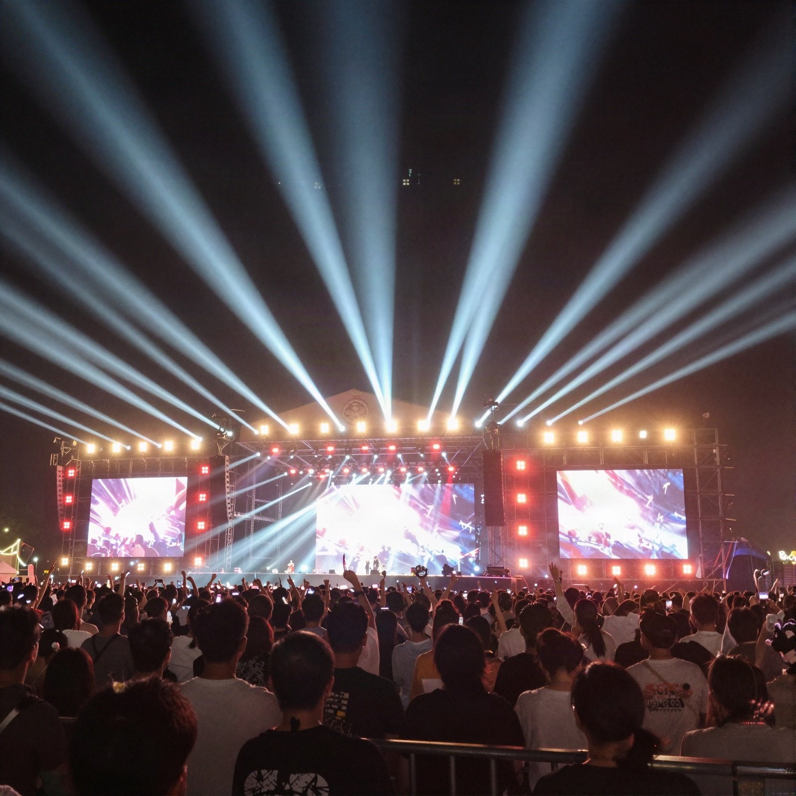 Festival main stage with light beams over the crowd