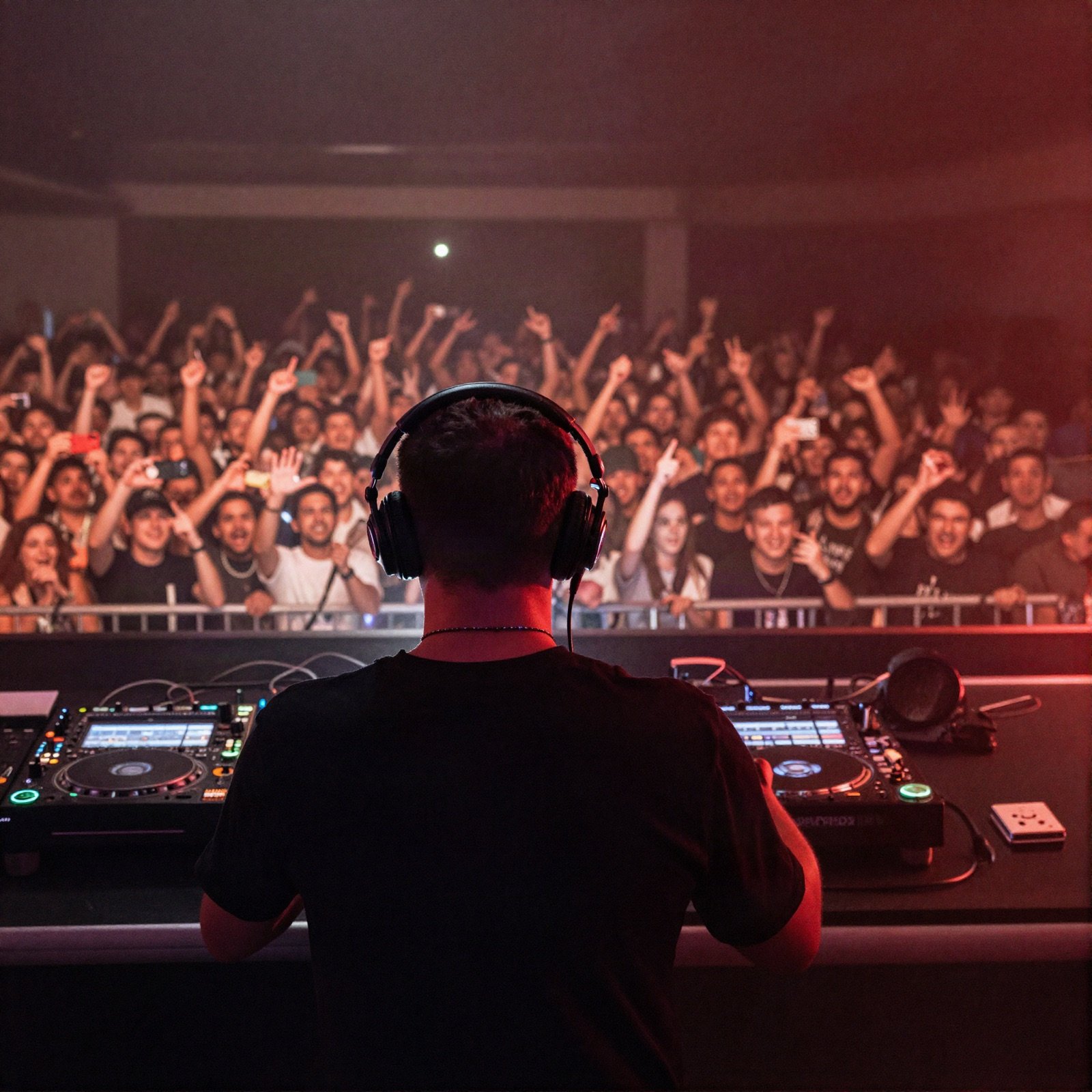 DJ in headphones facing a cheering crowd from the booth