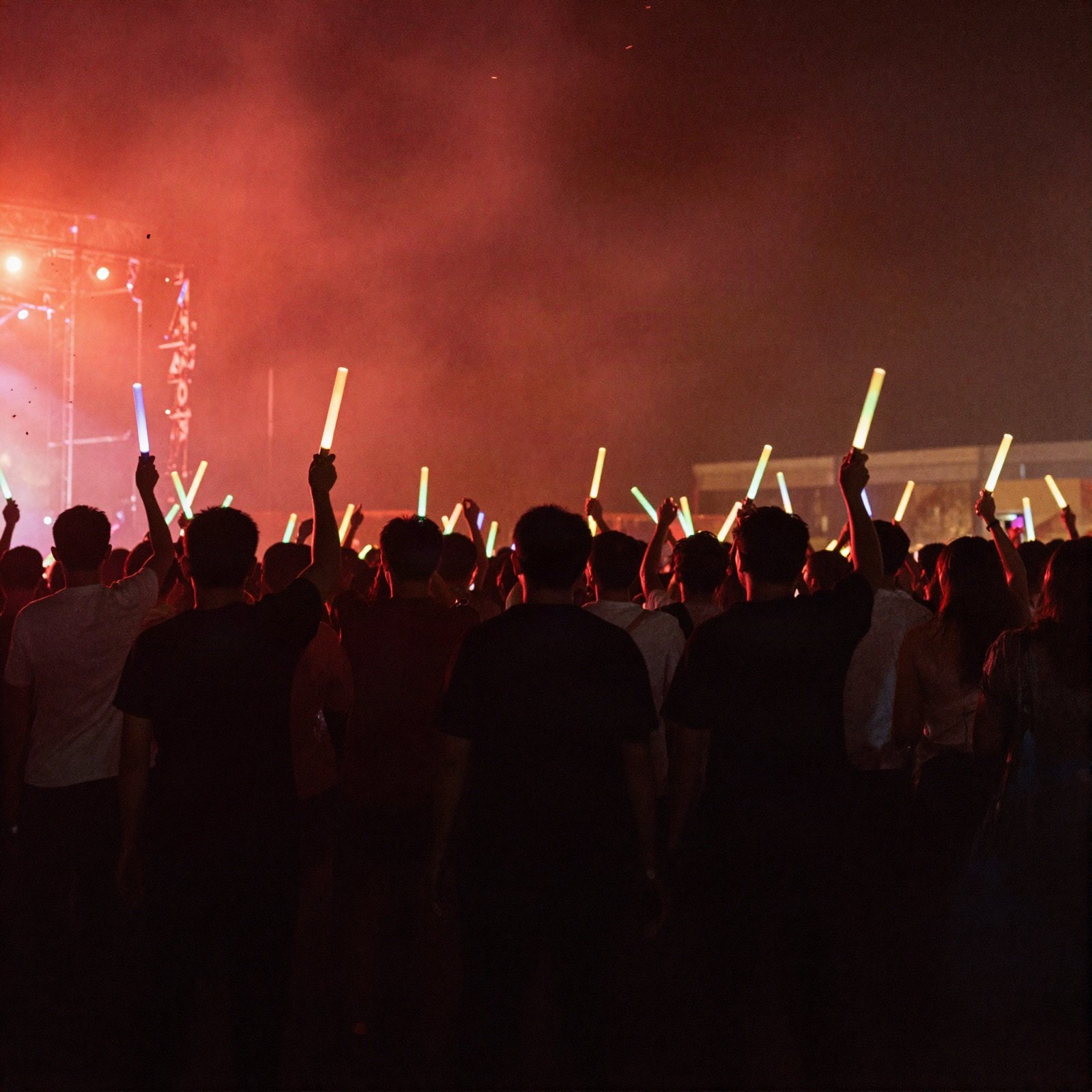 Festival crowd waving glowing light sticks