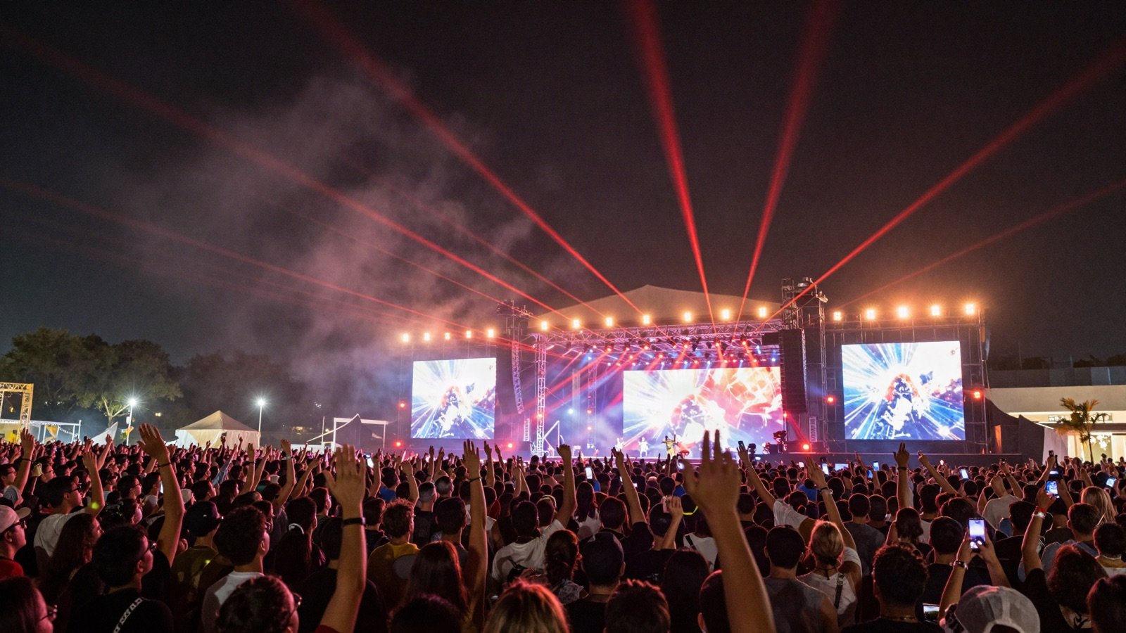 Red lasers and haze over a huge festival crowd