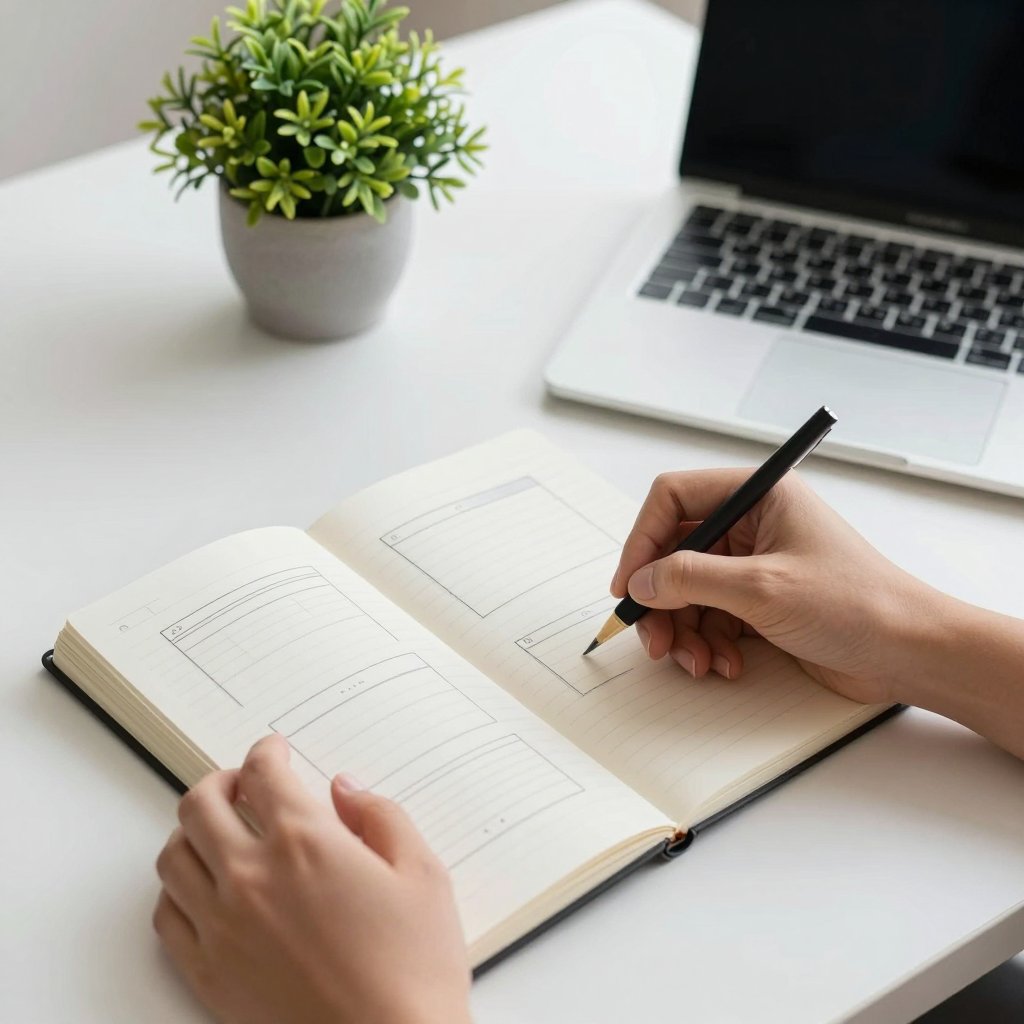 Hands sketching website wireframes in a notebook beside a laptop