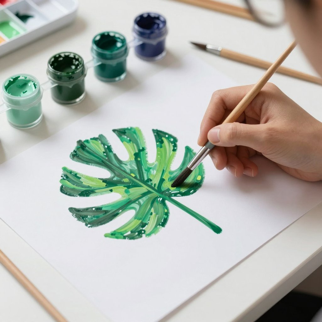 Designer painting a green leaf illustration beside pots of green paint