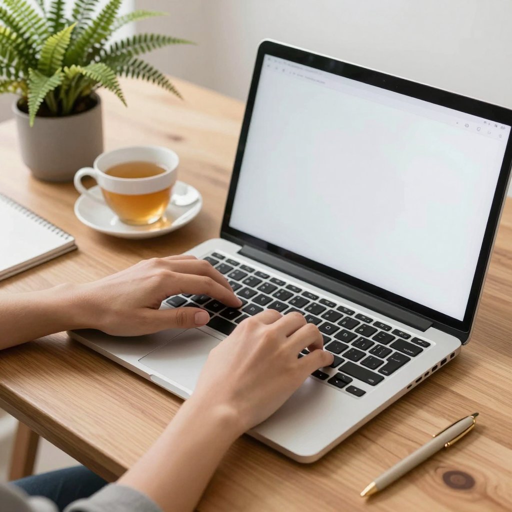 Hands typing on a laptop beside a cup of tea and a fern