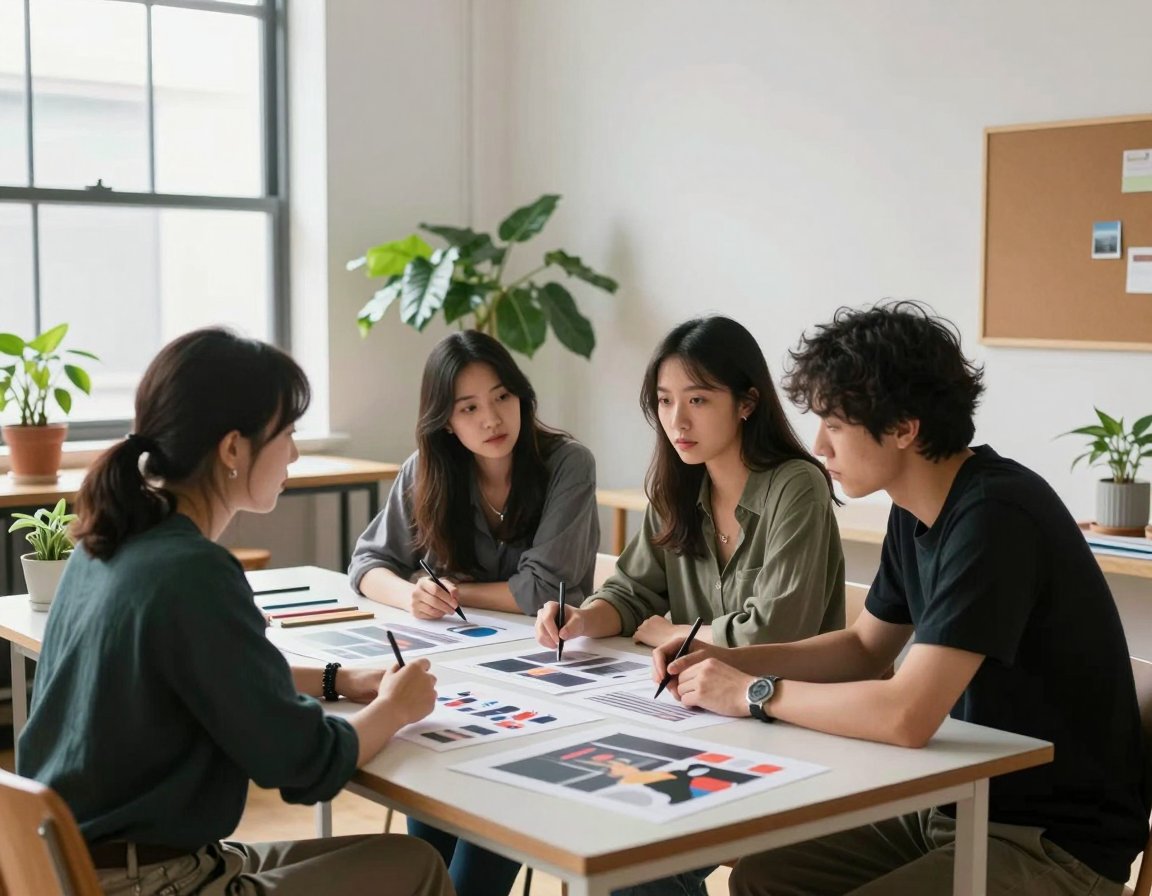 Studio team reviewing printed layouts at a table among plants