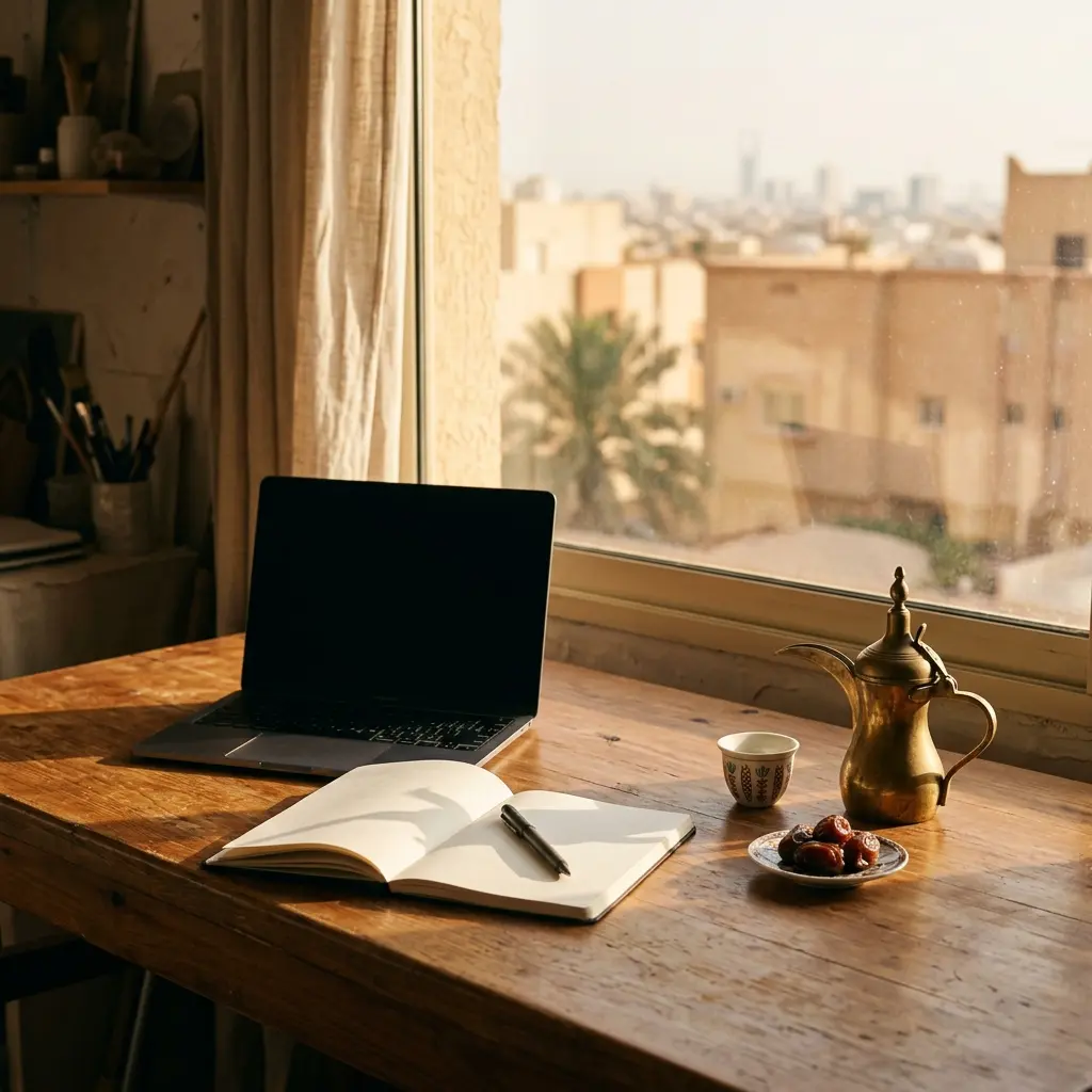 حاسوب محمول ودفتر وقهوة عربية على مكتب مشمس في الاستوديو