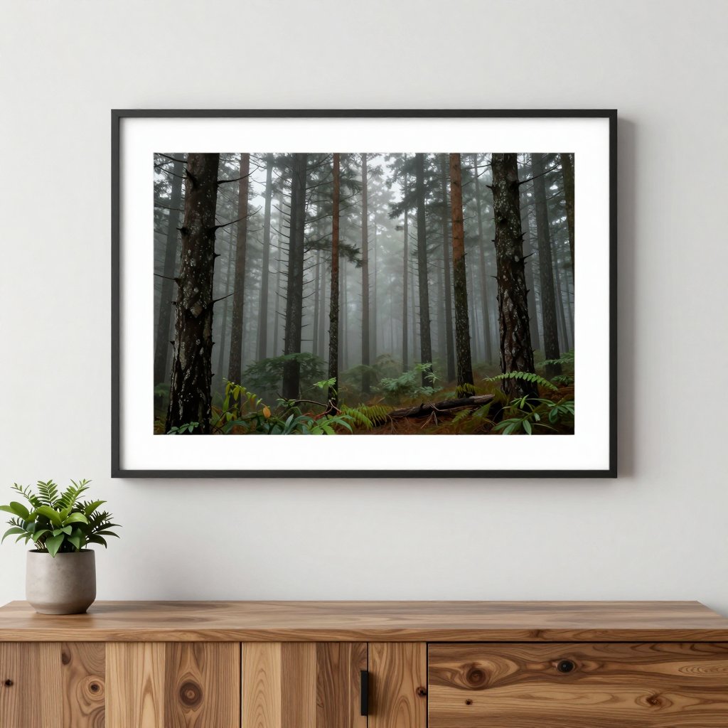 Framed print of a misty pine forest above a wooden sideboard