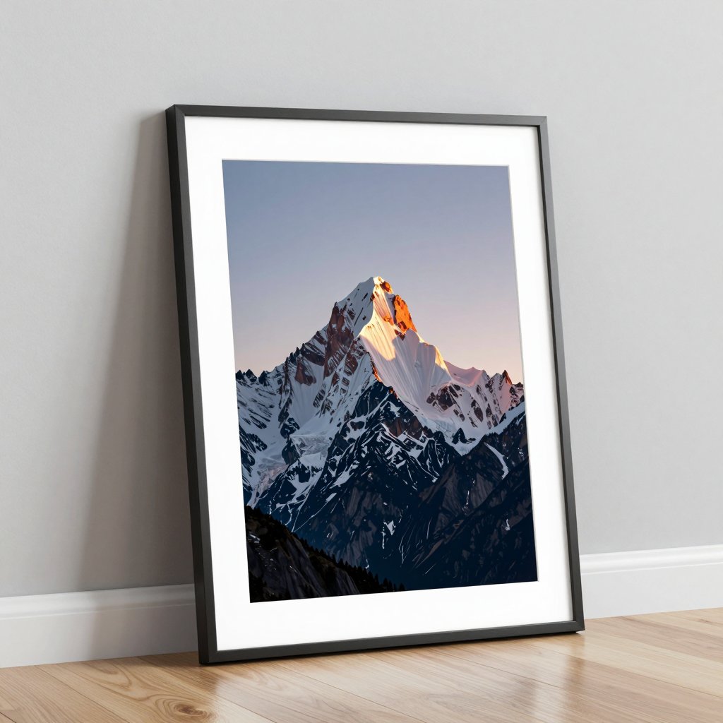 Framed print of a snowy mountain peak at dawn leaning on a wall