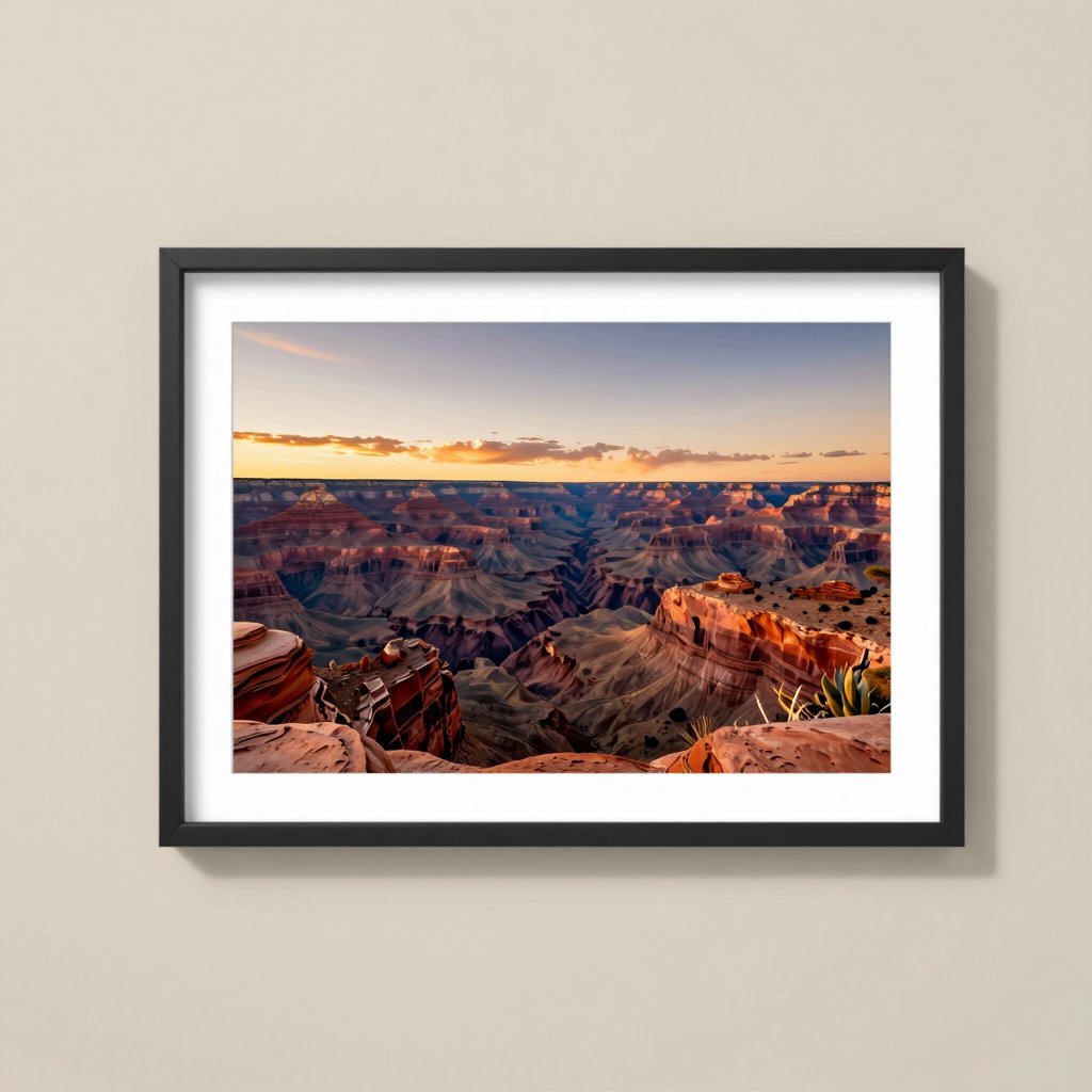 Framed print of a desert canyon at sunset on a beige wall