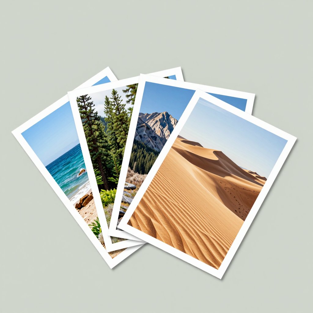 Four nature photo postcards fanned out on a sage green background