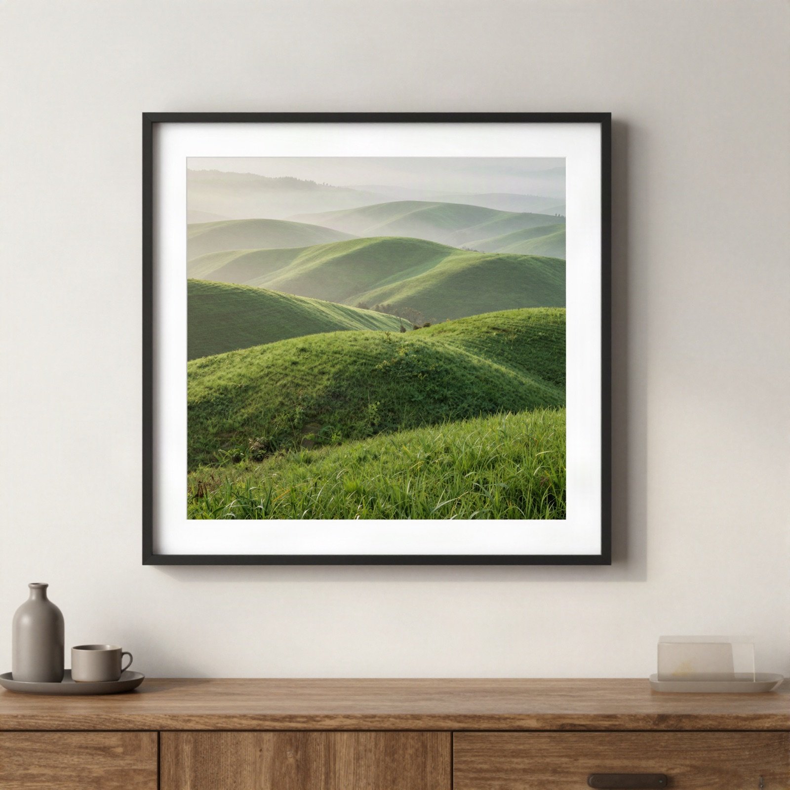 Framed print of misty green hills on a white wall