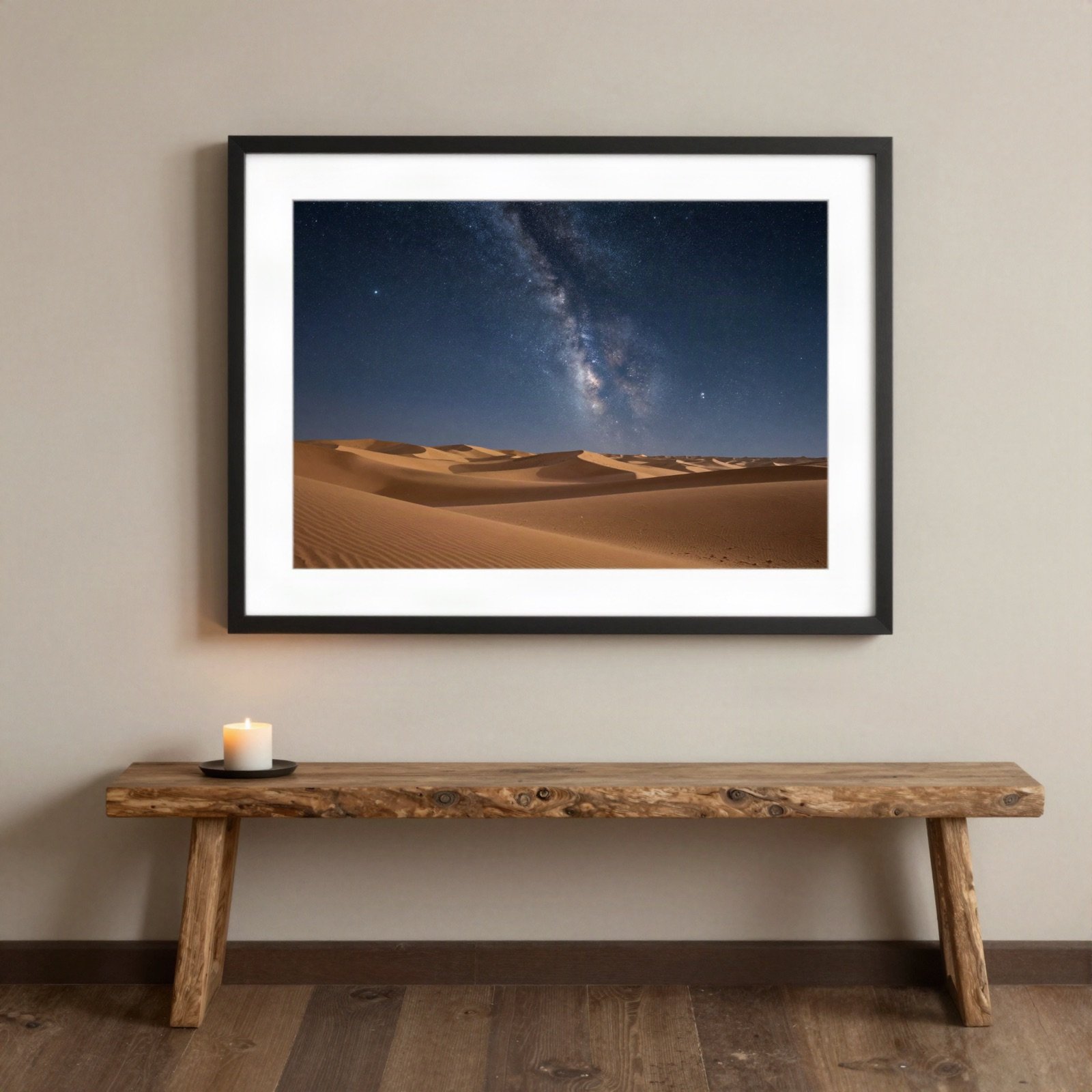 Framed print of the Milky Way over desert dunes above a wooden bench