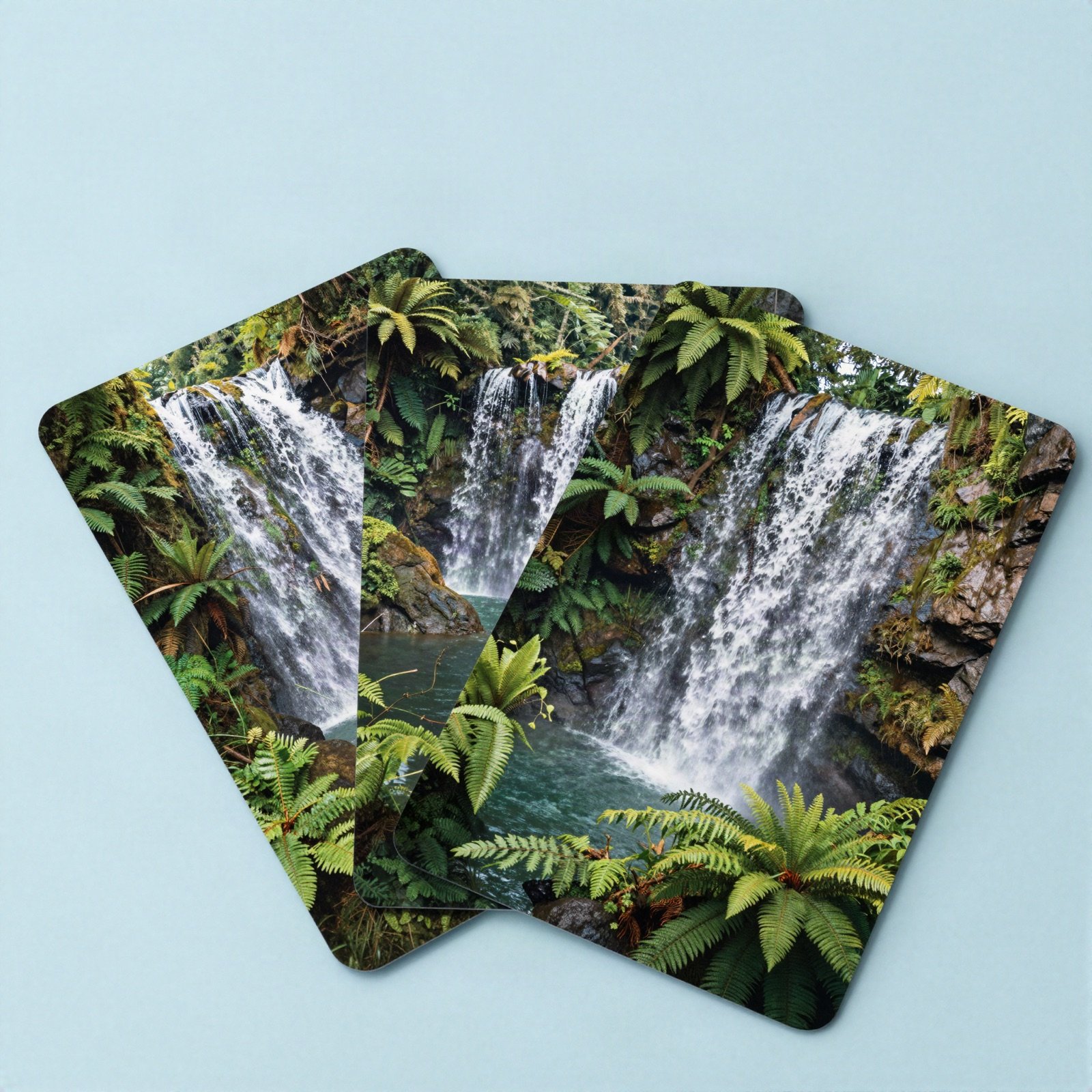 Waterfall and fern postcards fanned out on a pale blue background