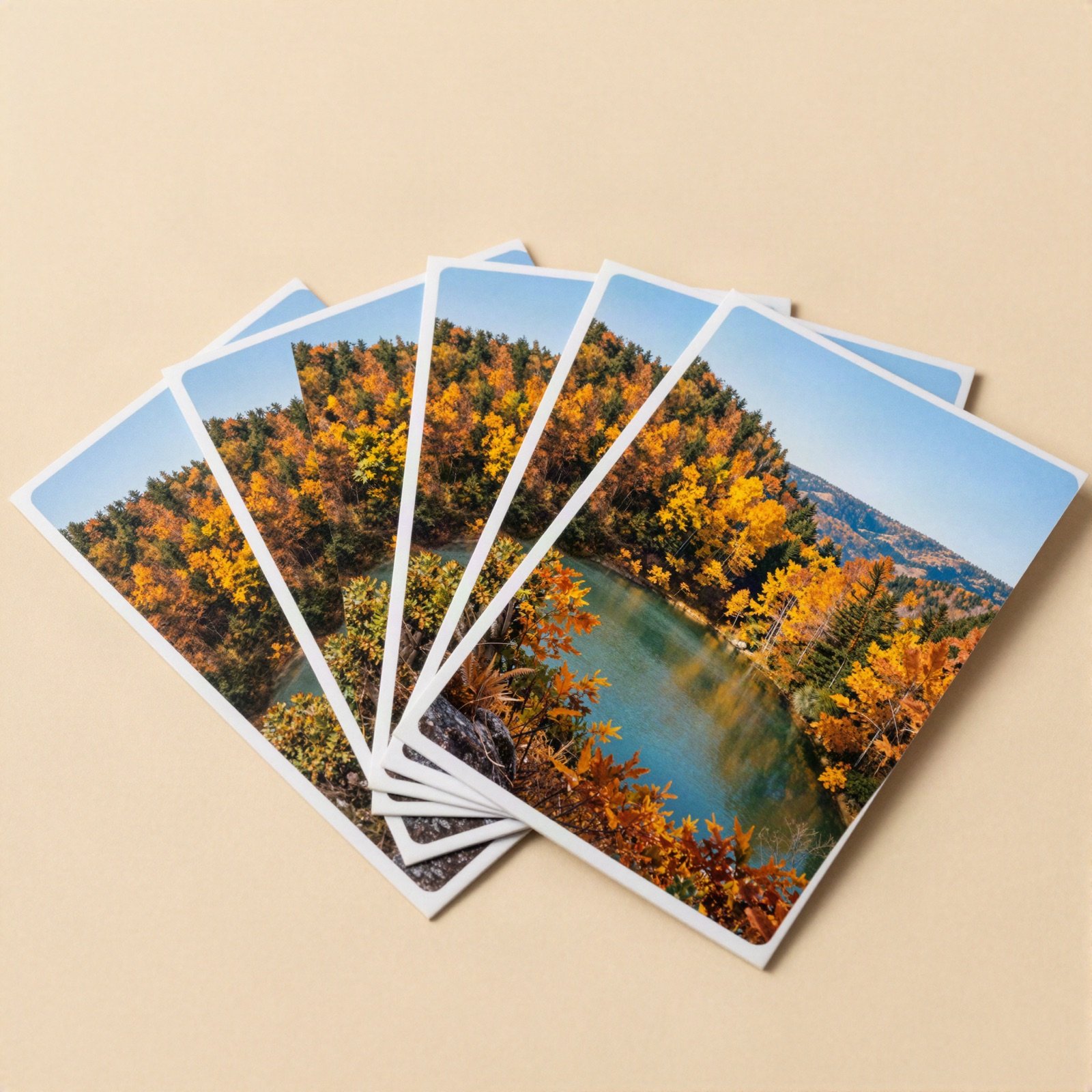 Autumn forest and lake postcards fanned out on a sand background