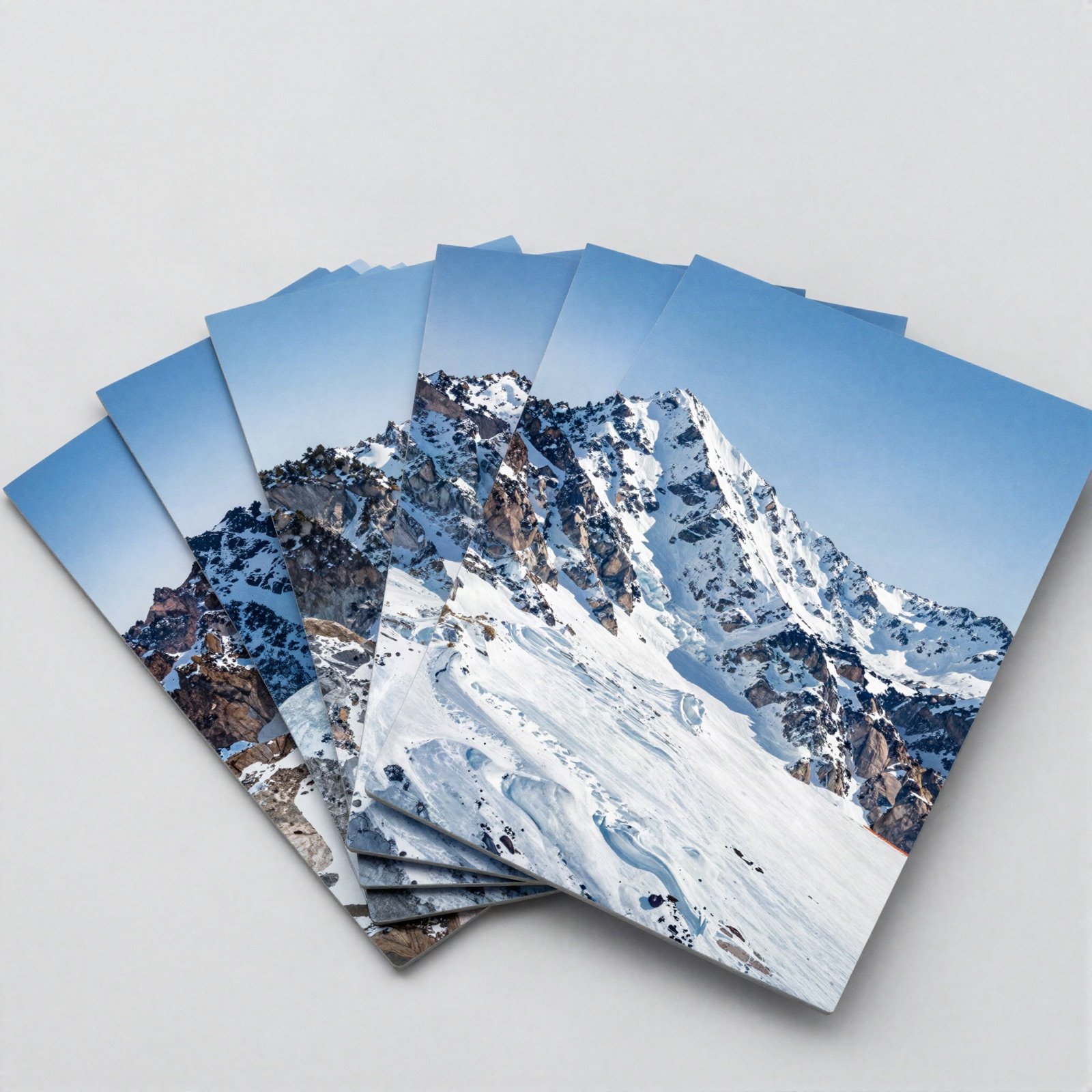 Snowy mountain postcards fanned out on a light grey background