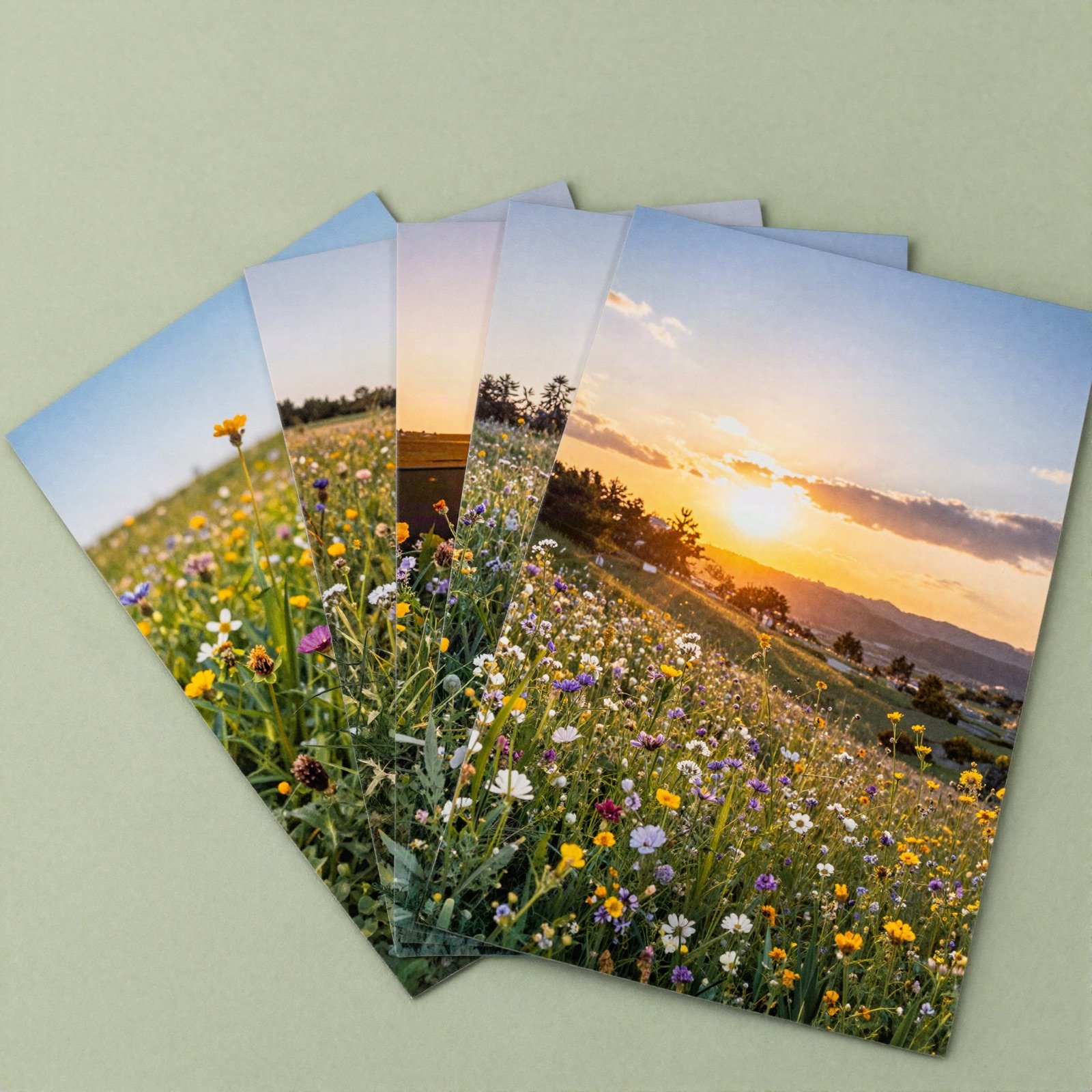 Wildflower meadow and sunset postcards on a pale olive background