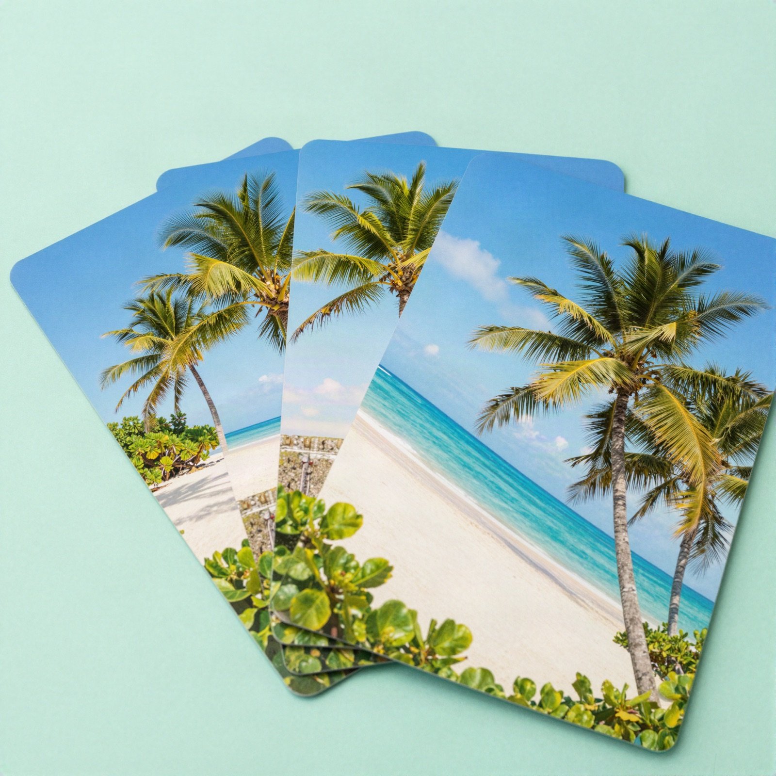 Tropical beach and palm tree postcards on a mint green background