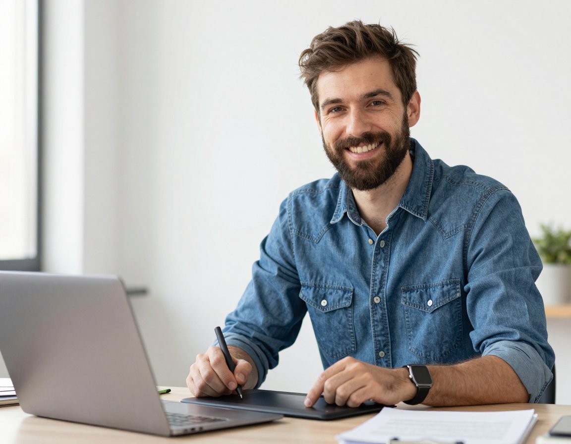 Rami Al Khatib, Photoshop instructor, at his desk with a laptop and pen tablet