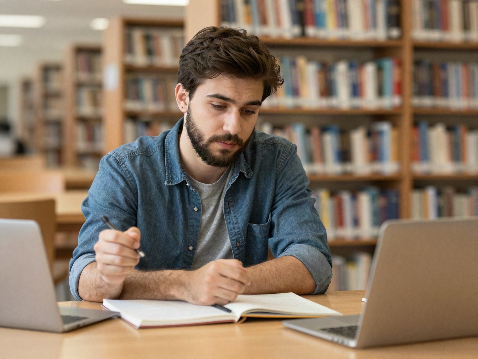 طالب يعمل إلى مكتب في المكتبة