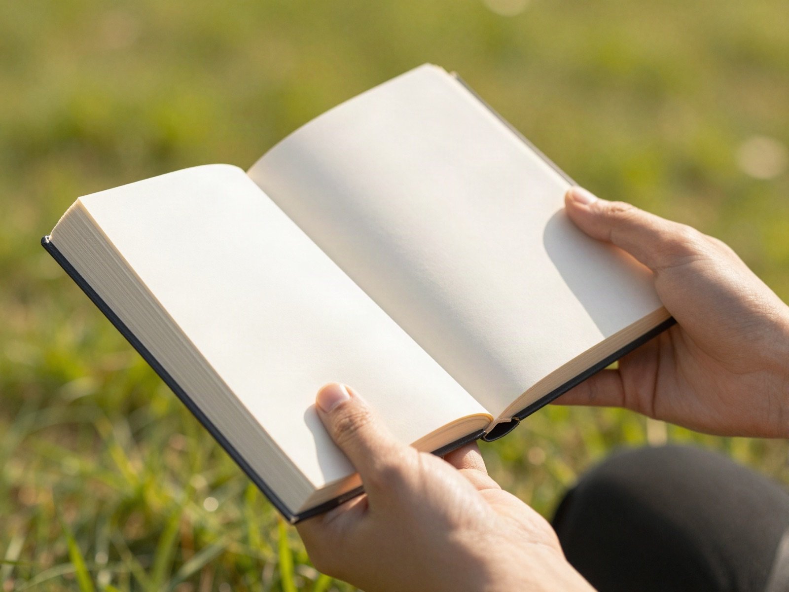 يدان تمسكان كتابًا مفتوحًا في الهواء الطلق