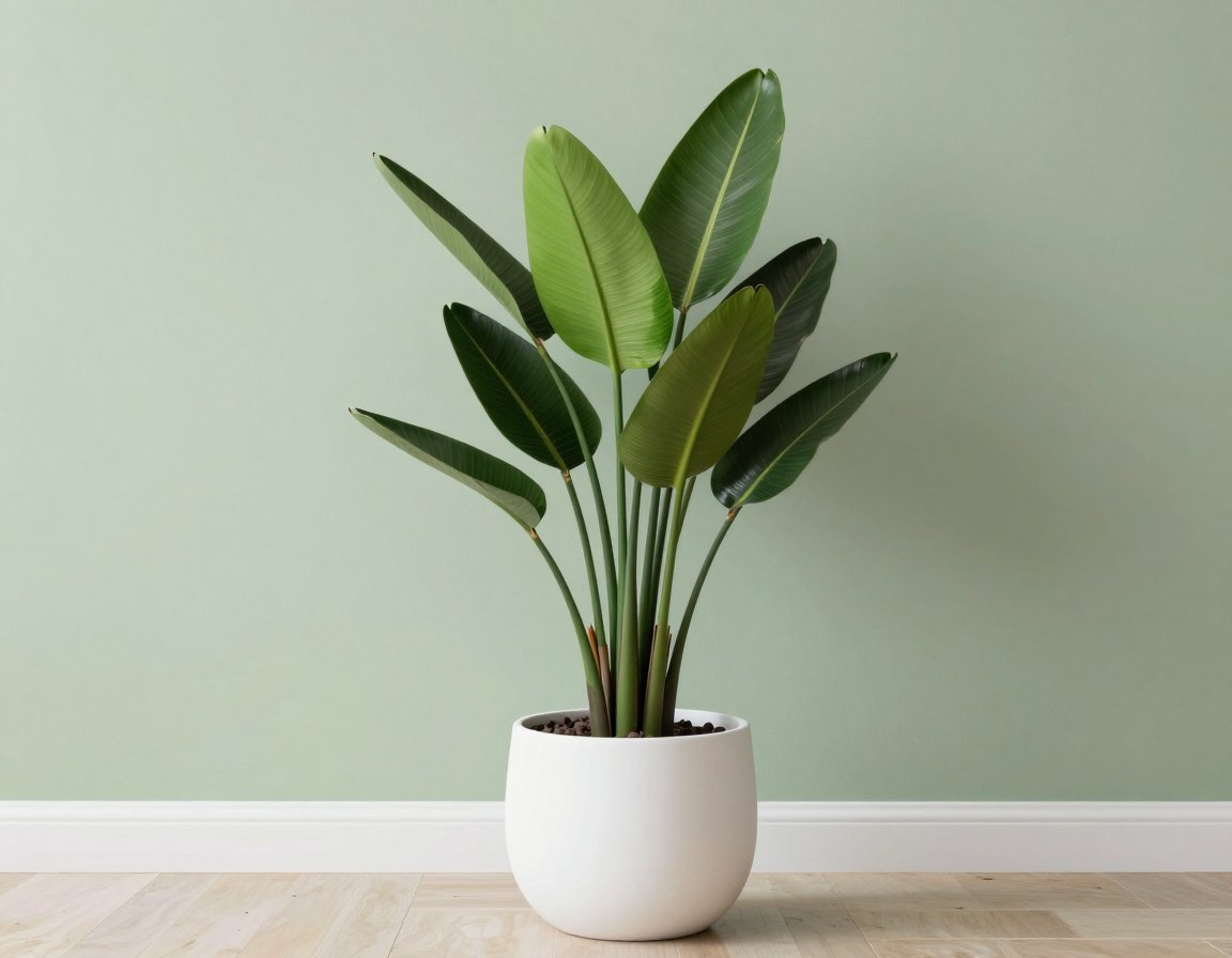 Bird of paradise plant in a white pot against a sage green wall