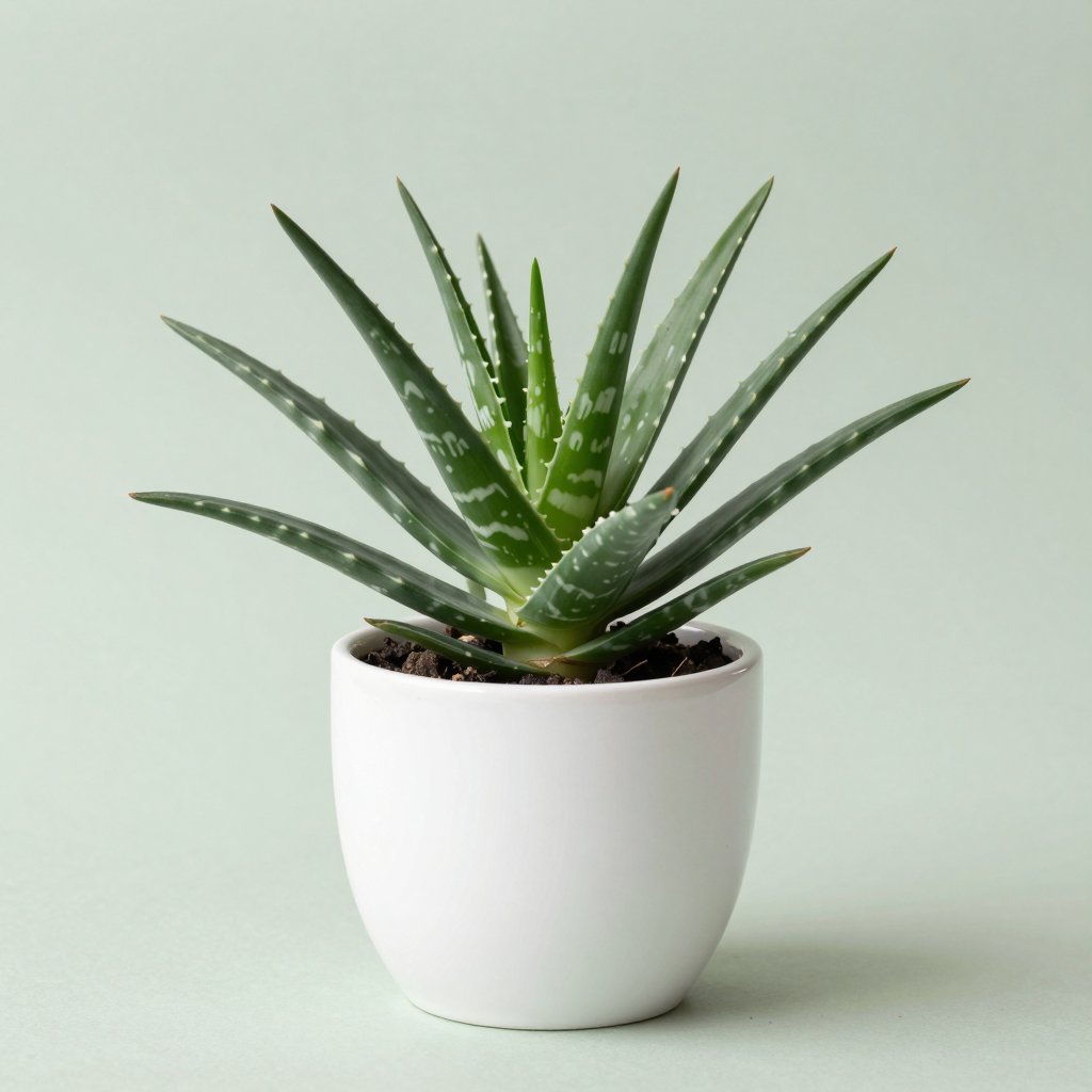 Spiky striped aloe in a small white ceramic pot