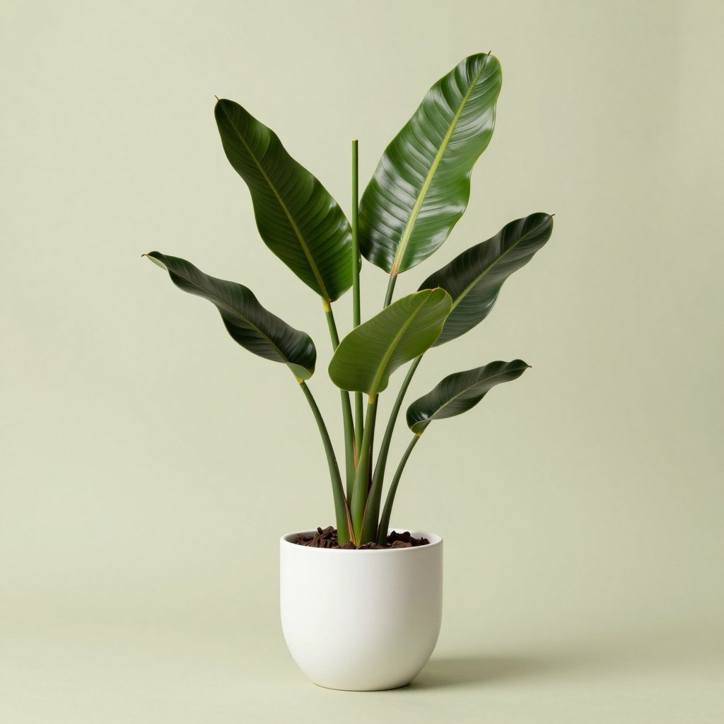 Bird of paradise plant with large paddle-shaped leaves in a white pot