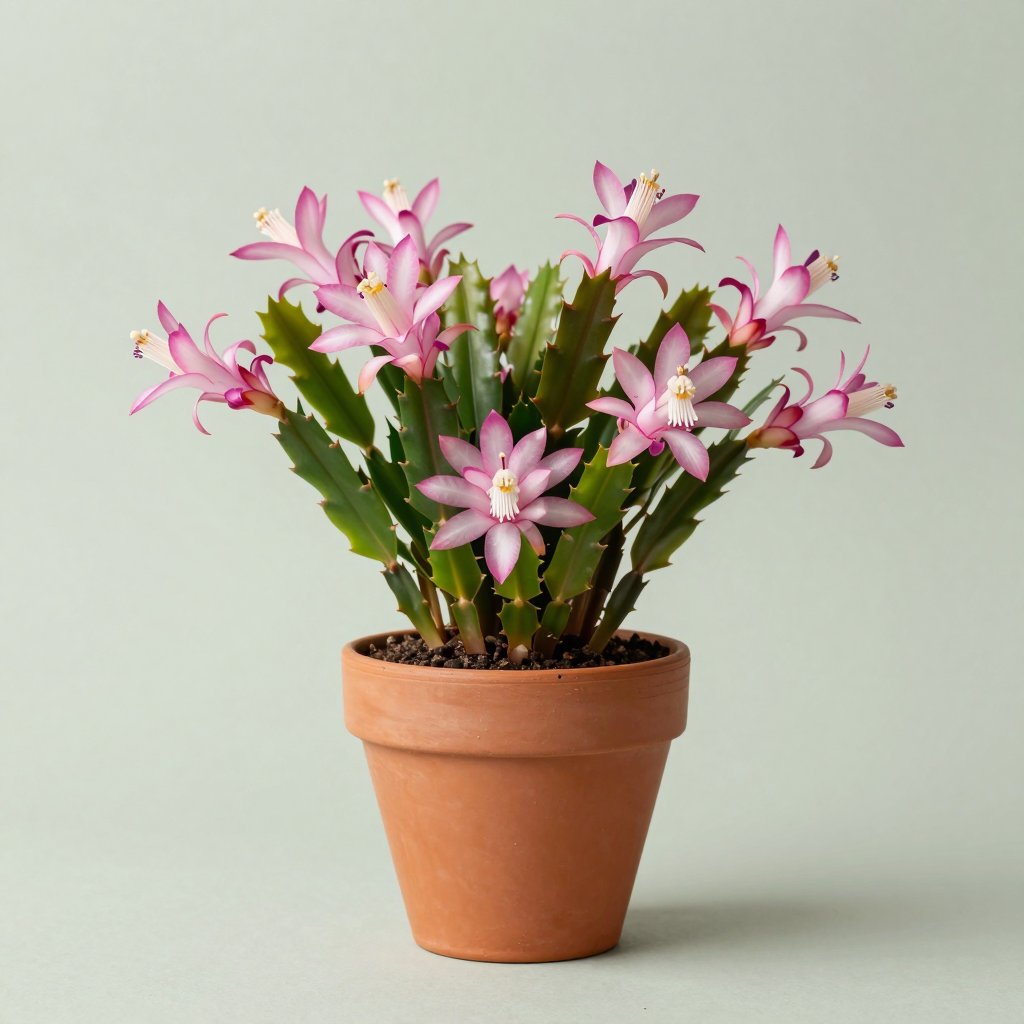 Christmas cactus with pink blooms in a terracotta pot