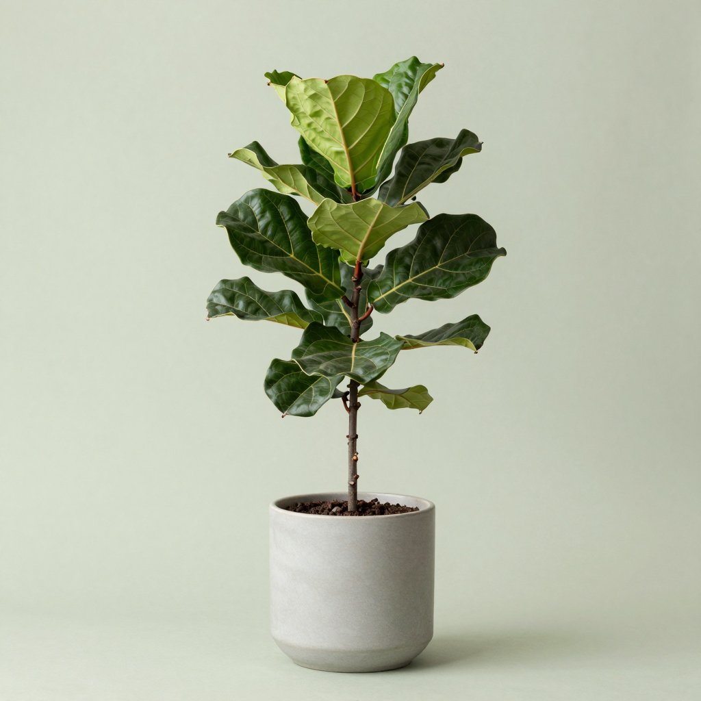 Young fiddle leaf fig tree in a grey concrete pot