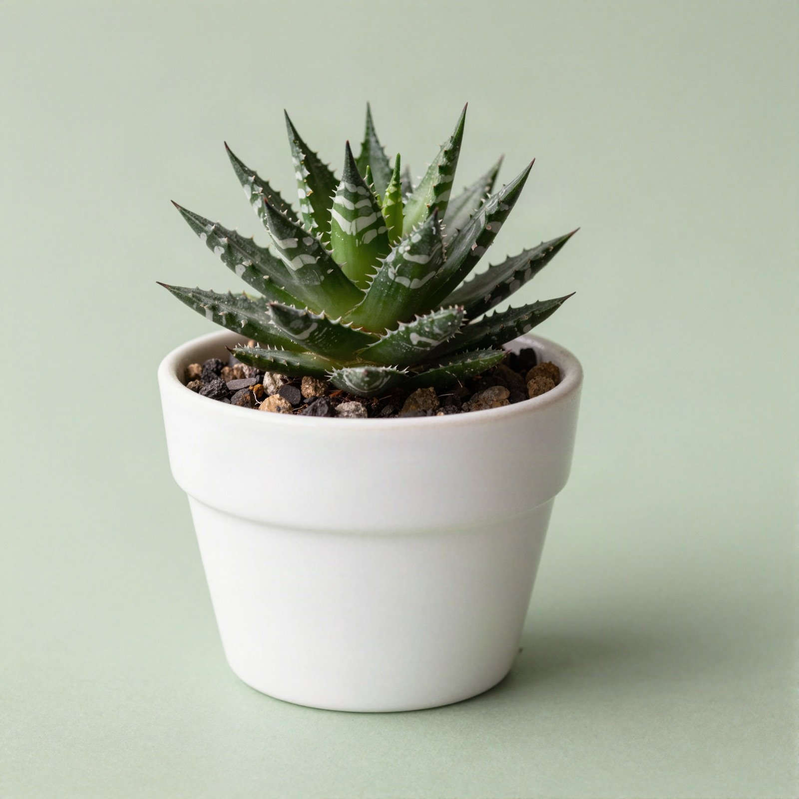 Striped haworthia succulent in a white ceramic pot