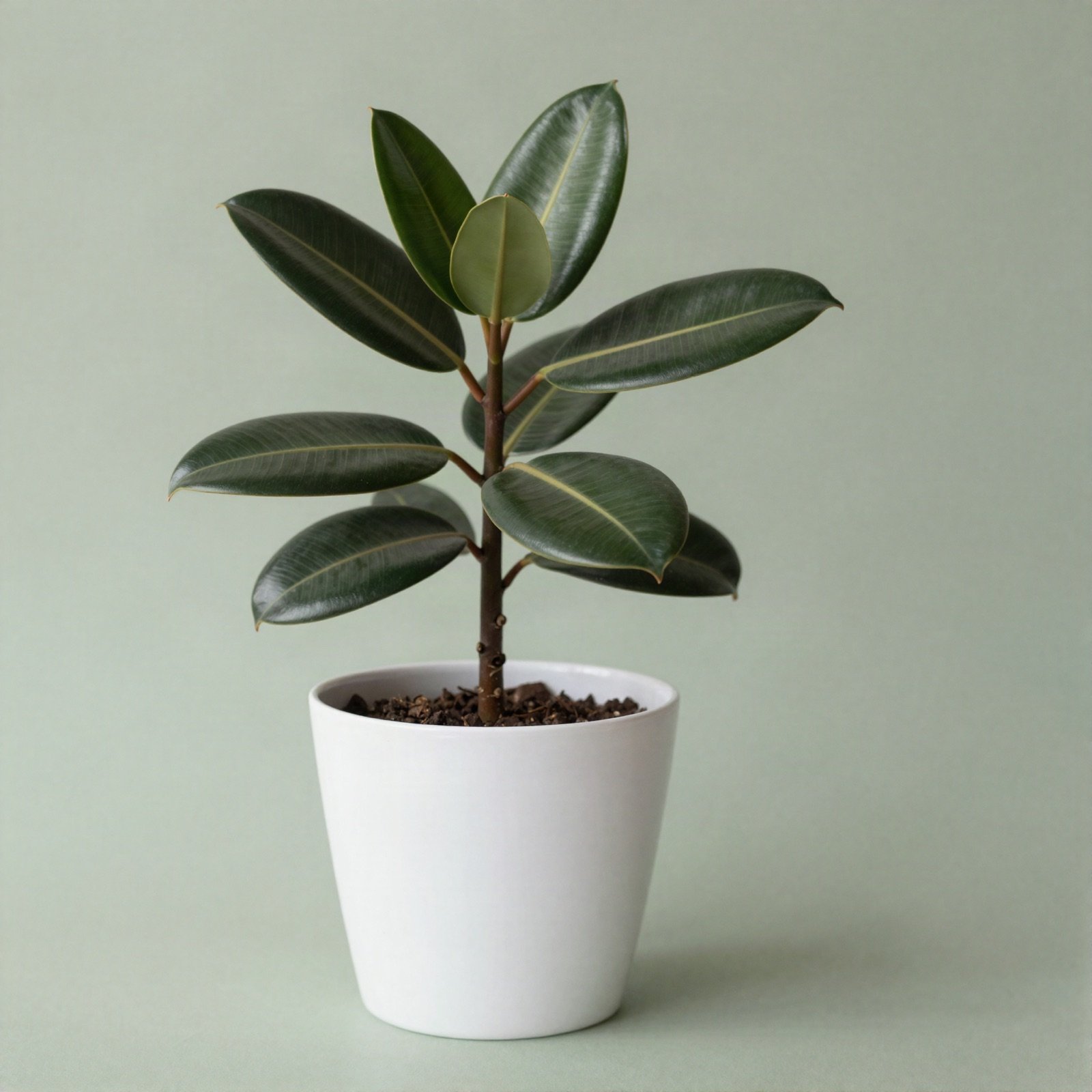 Rubber plant with glossy dark green leaves in a white pot