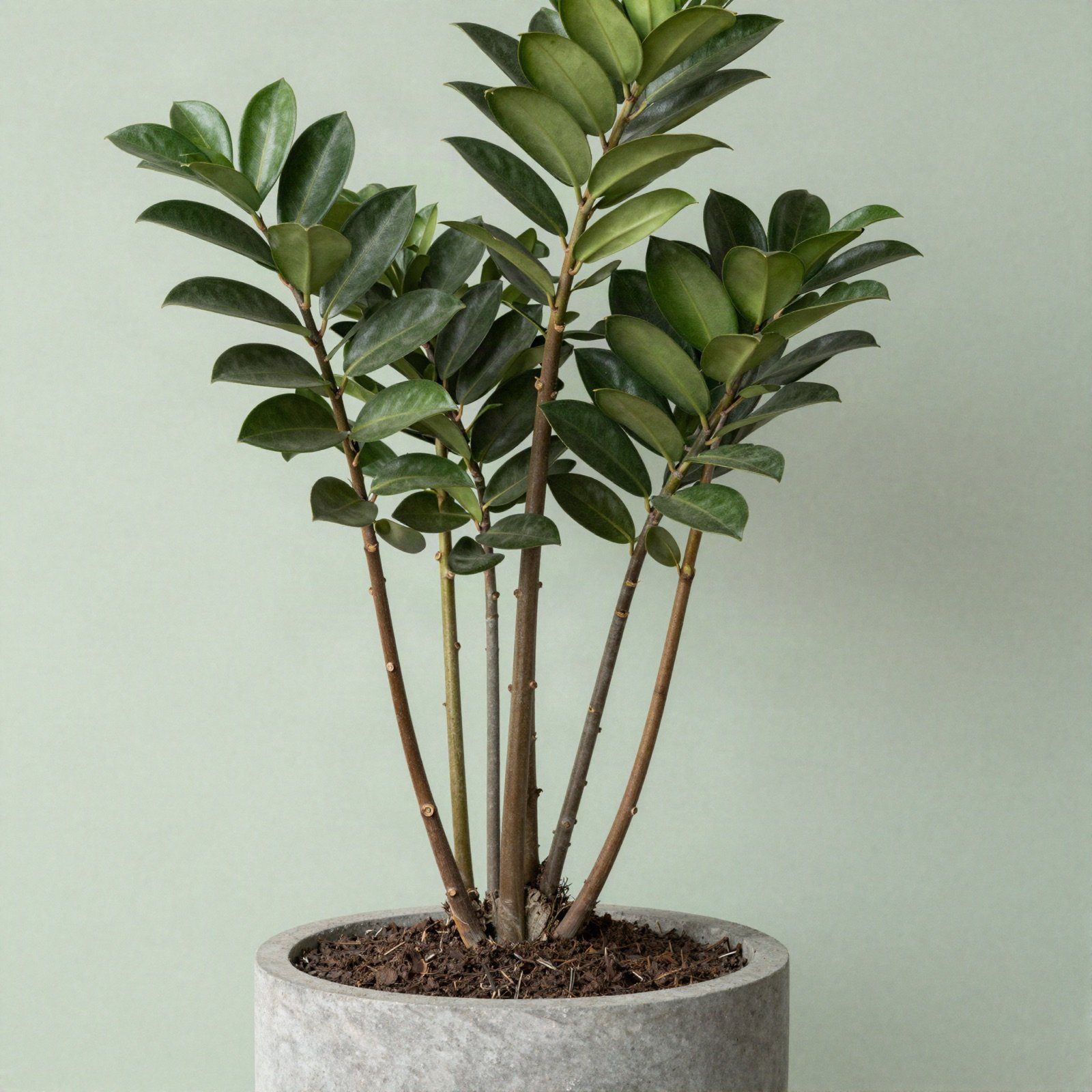 ZZ plant with upright stems of glossy leaflets in a grey concrete pot