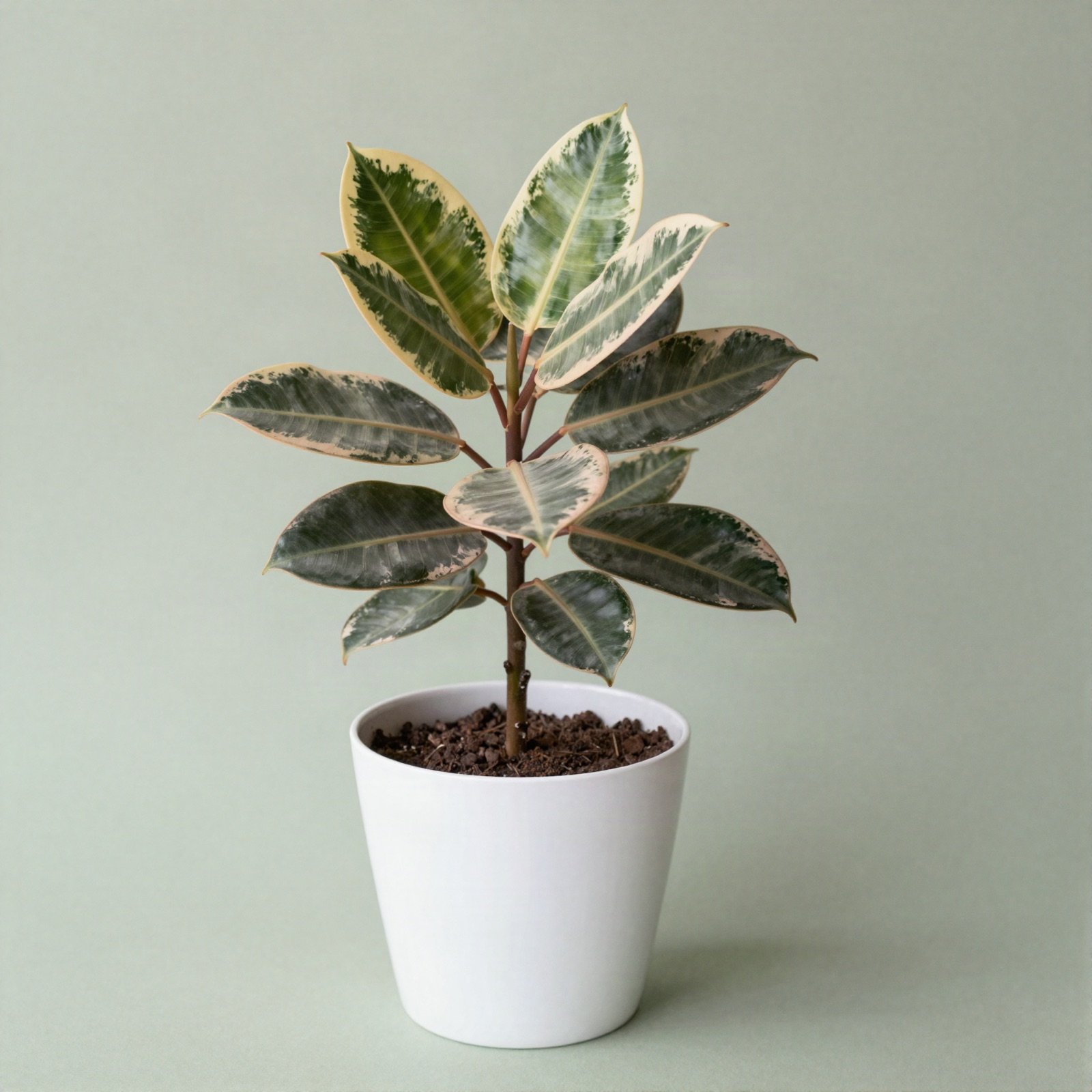 Variegated rubber plant with cream and green leaves in a white pot