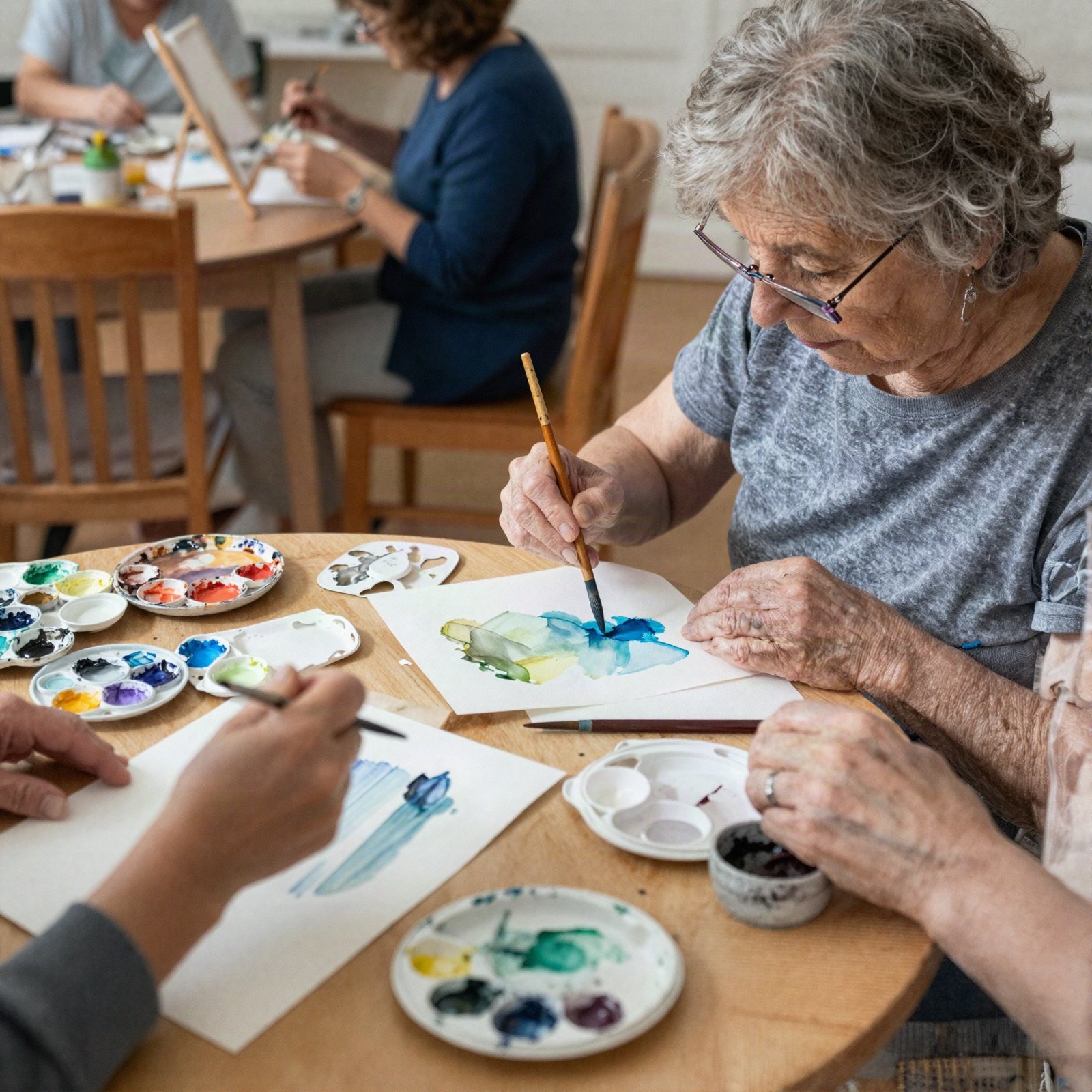 سيدة مسنّة ترسم بالألوان المائية في درس فني