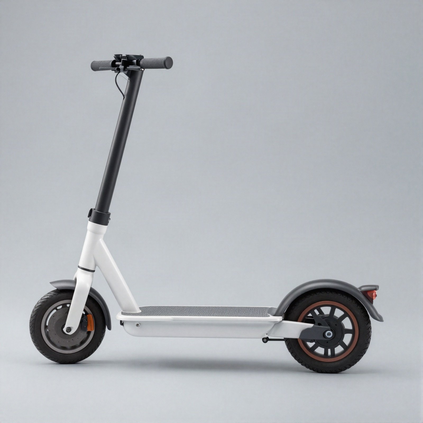White electric kick scooter with grey deck and black wheels