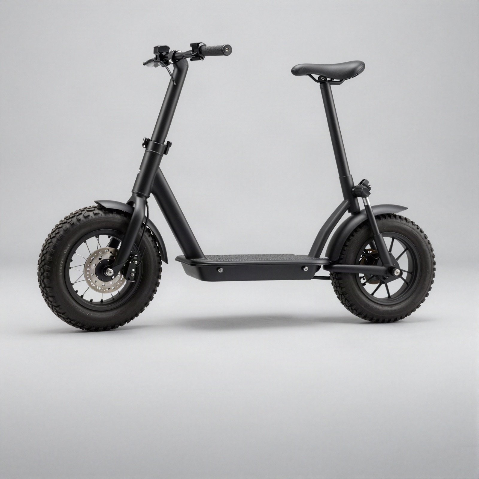 Black seated electric scooter with chunky off-road tyres