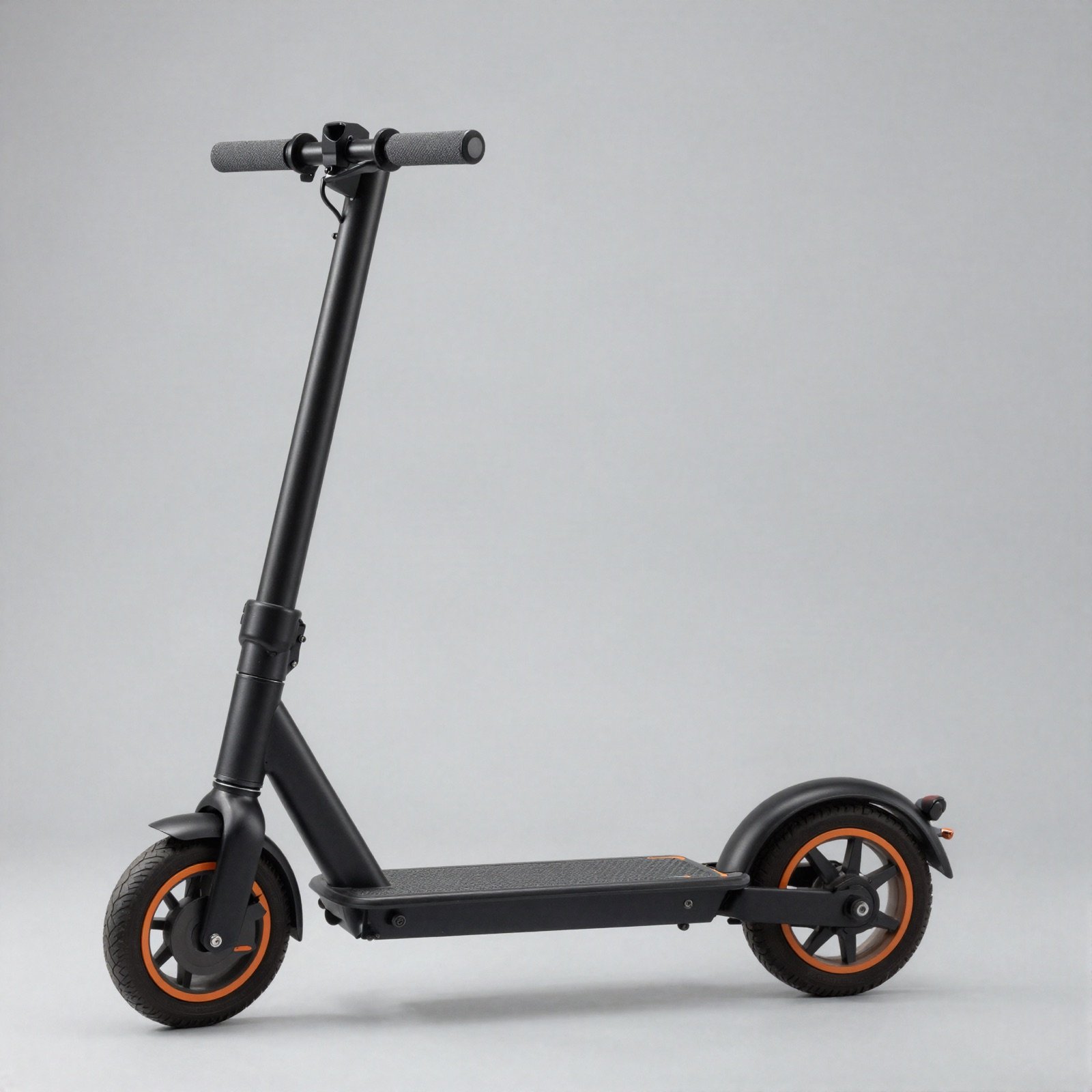 Black electric kick scooter with orange wheel rims