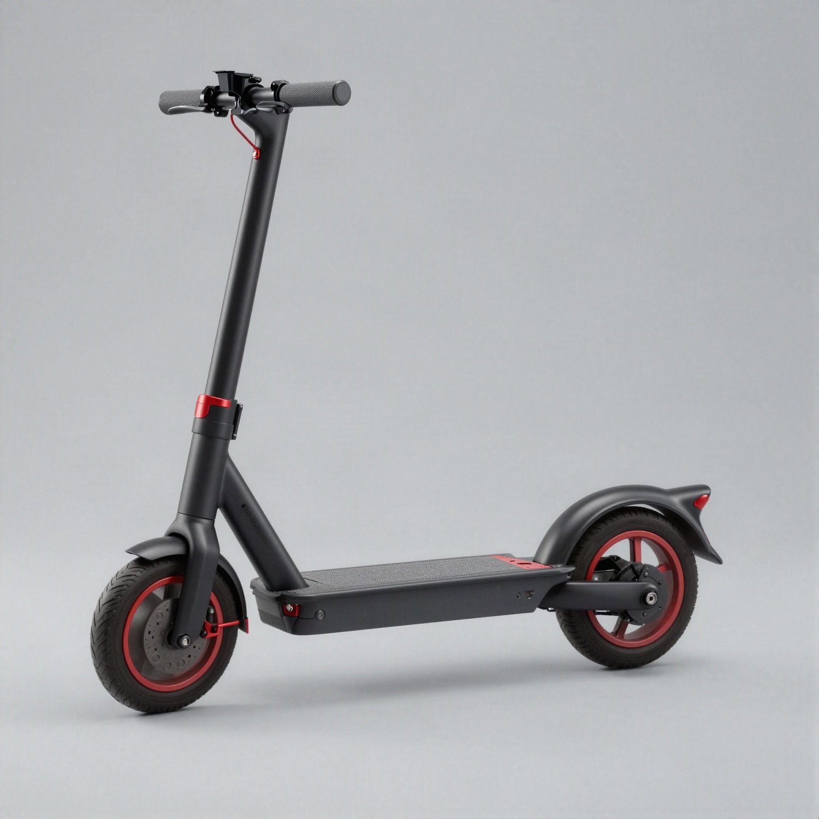 Black electric kick scooter with red wheel rims and red stem accents