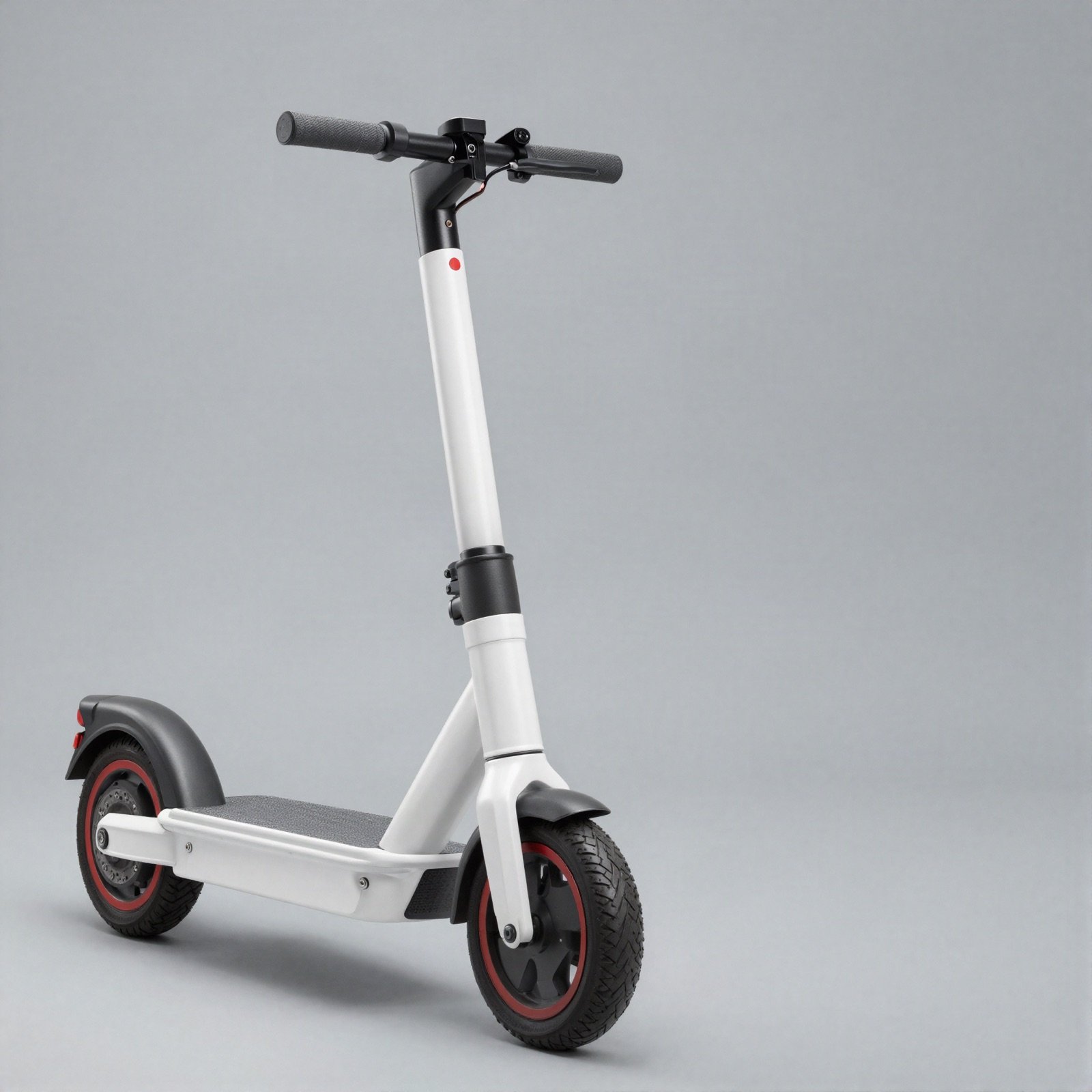 White electric kick scooter with black stem and red wheel rims