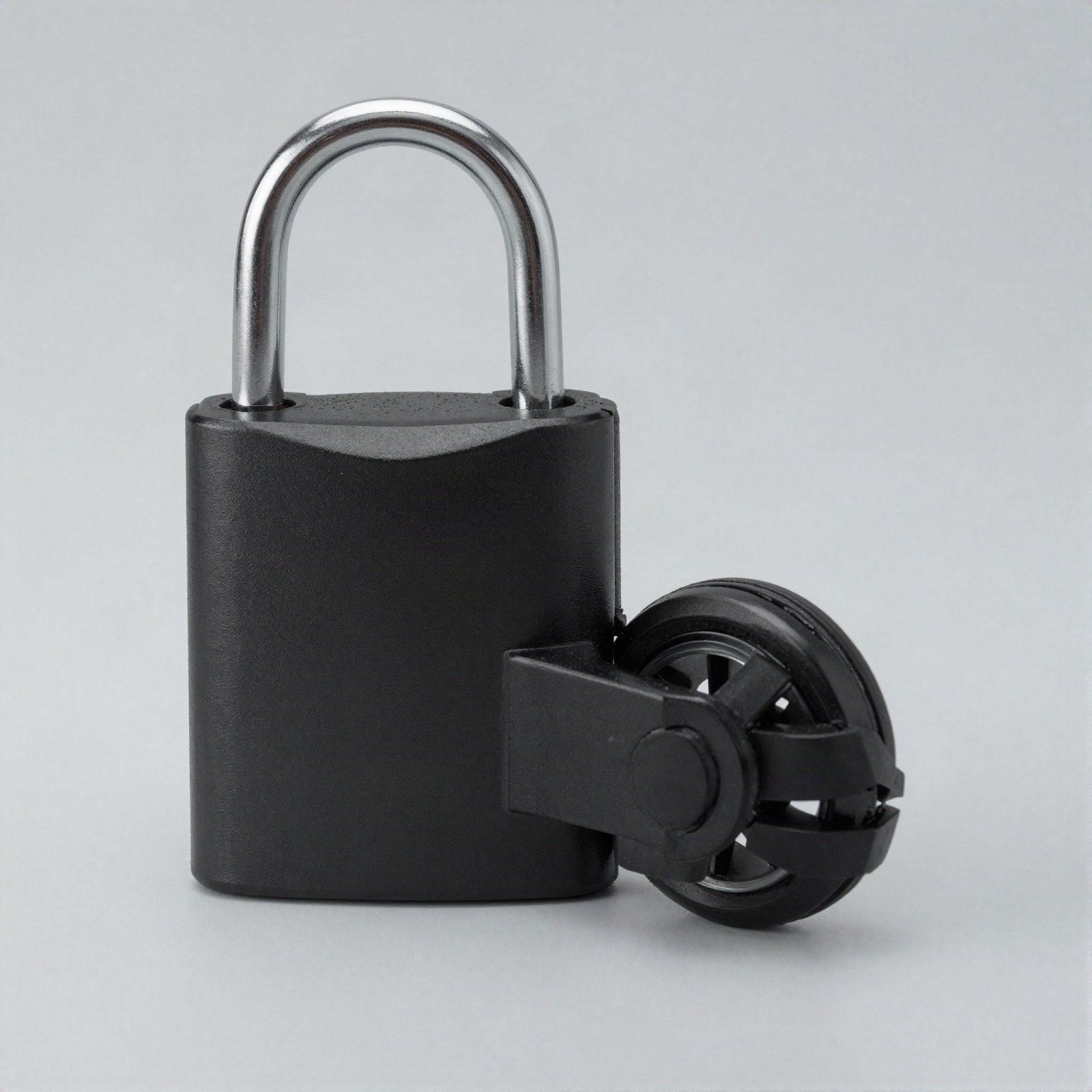 Black hardened-steel padlock with a silver shackle beside a small scooter wheel
