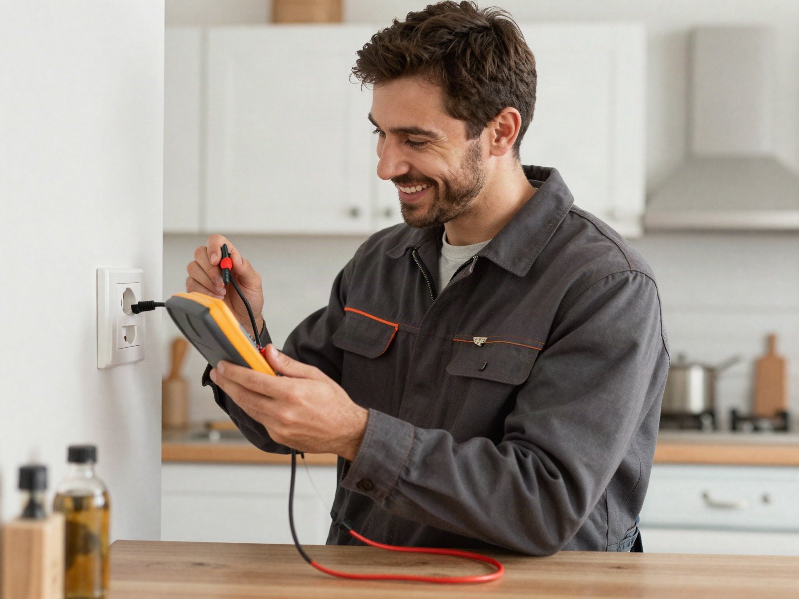 Smiling electrician testing a wall socket with a multimeter in a kitchen