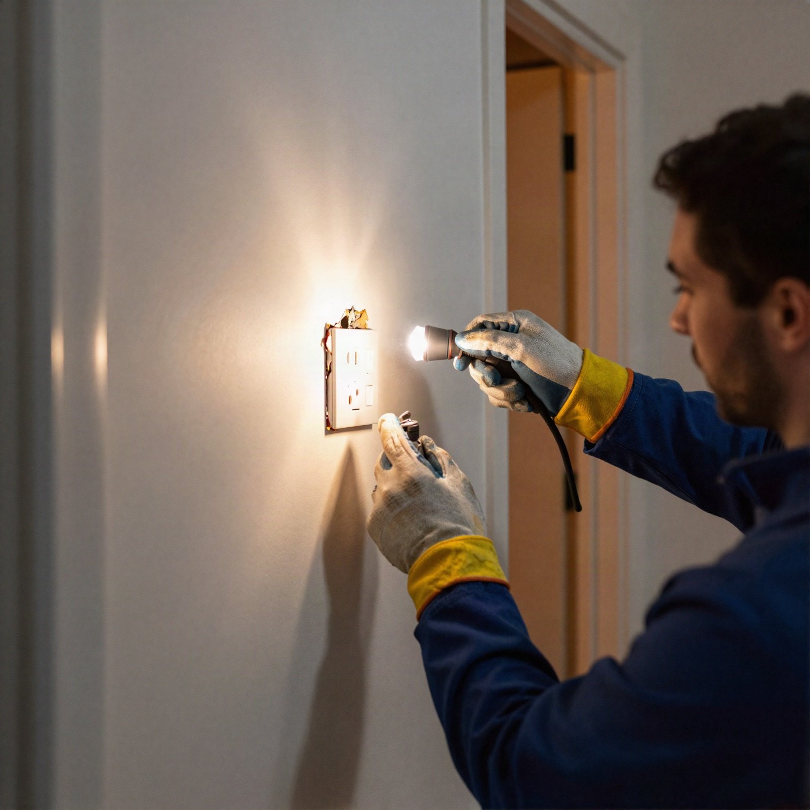 Electrician with a torch repairing a scorched wall outlet at night