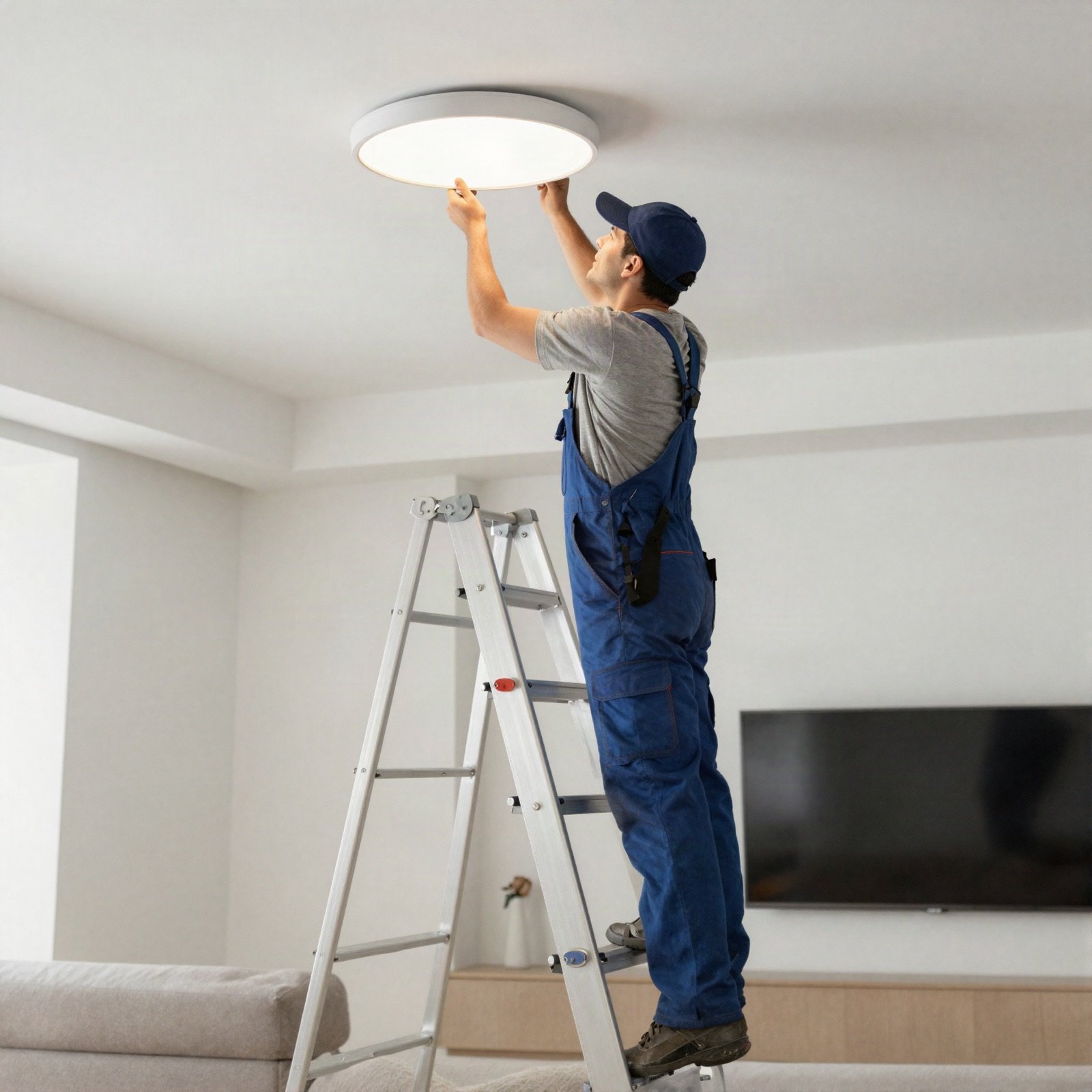 Electrician on a step ladder fitting a ceiling light in a bright living room