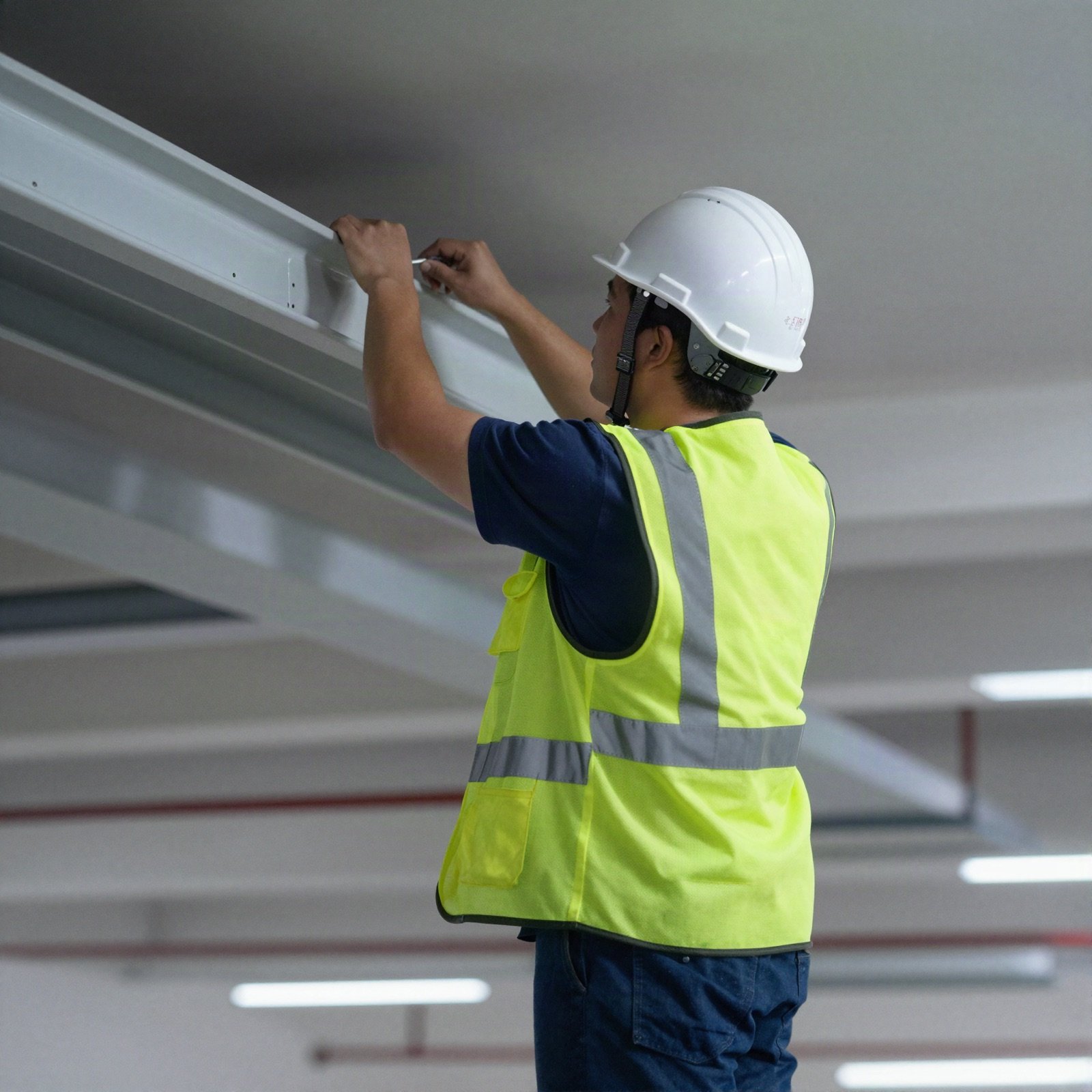 Electrician in a hard hat and safety vest fitting cable trays in a commercial ceiling
