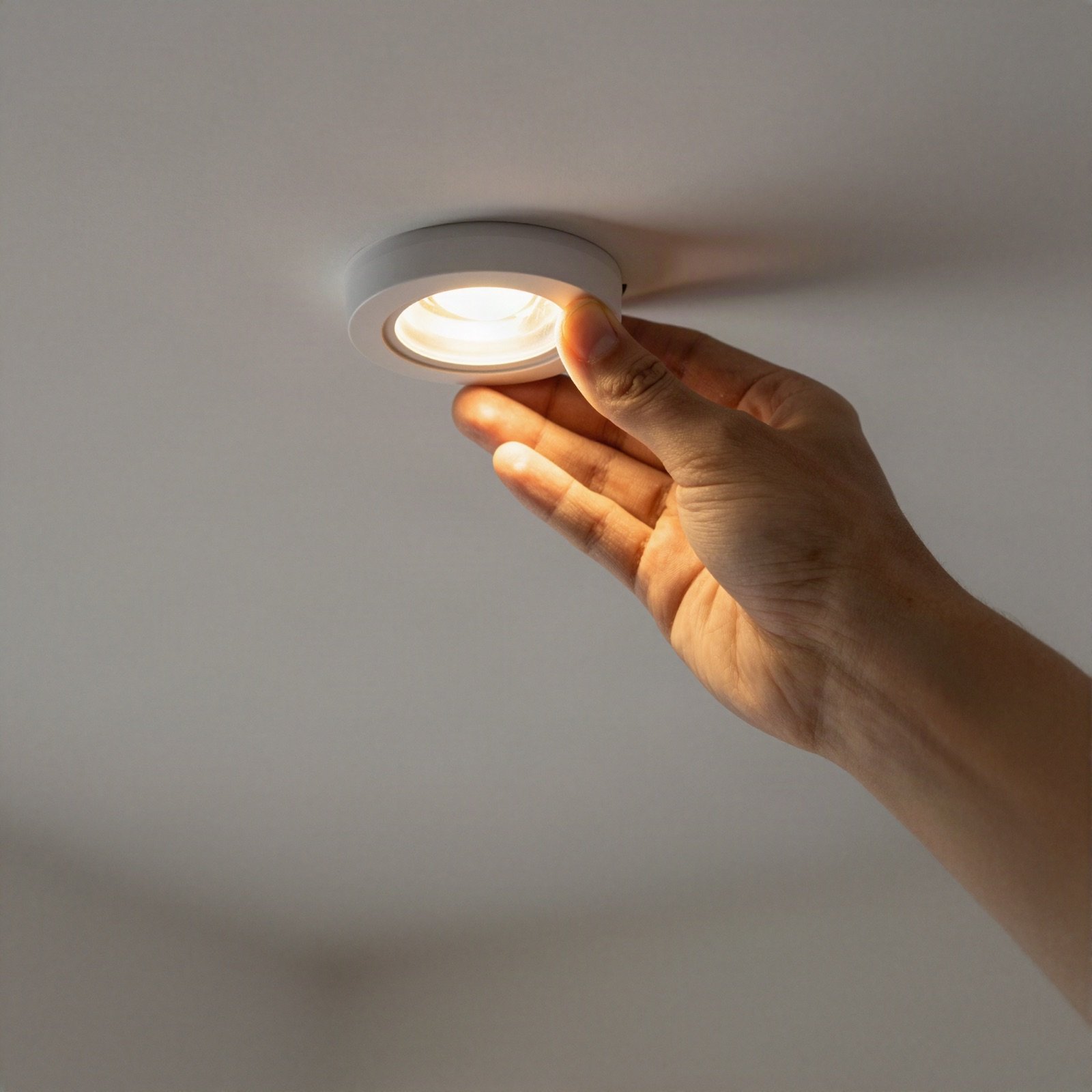 Hand fitting a recessed LED downlight into a white ceiling